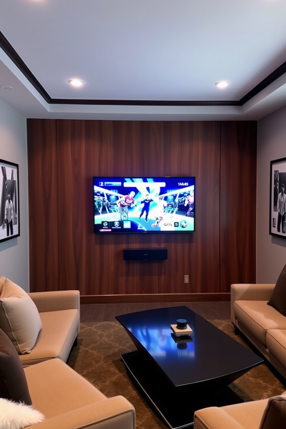 A cozy game room featuring a wall-mounted TV positioned for optimal viewing. The space includes comfortable seating with plush cushions and a sleek coffee table, creating an inviting atmosphere for entertainment.