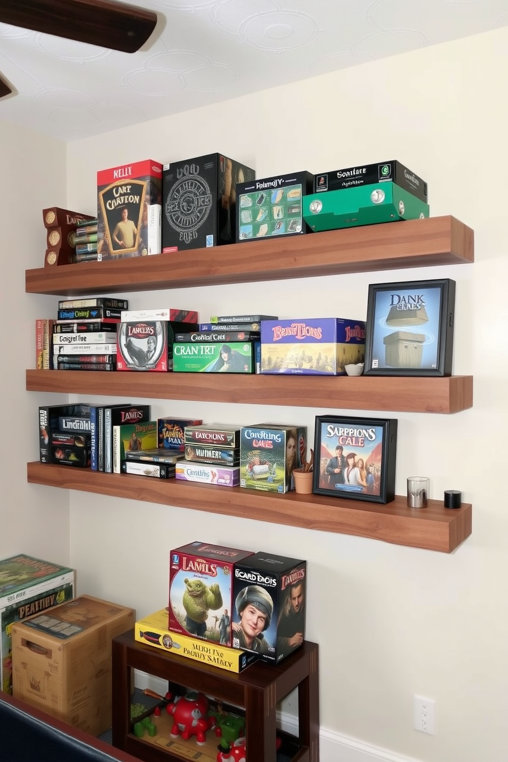 A cozy game room features wall-mounted shelves that elegantly display a variety of board games and gaming accessories. The shelves are crafted from reclaimed wood, adding a rustic charm to the space while keeping everything organized and easily accessible.
