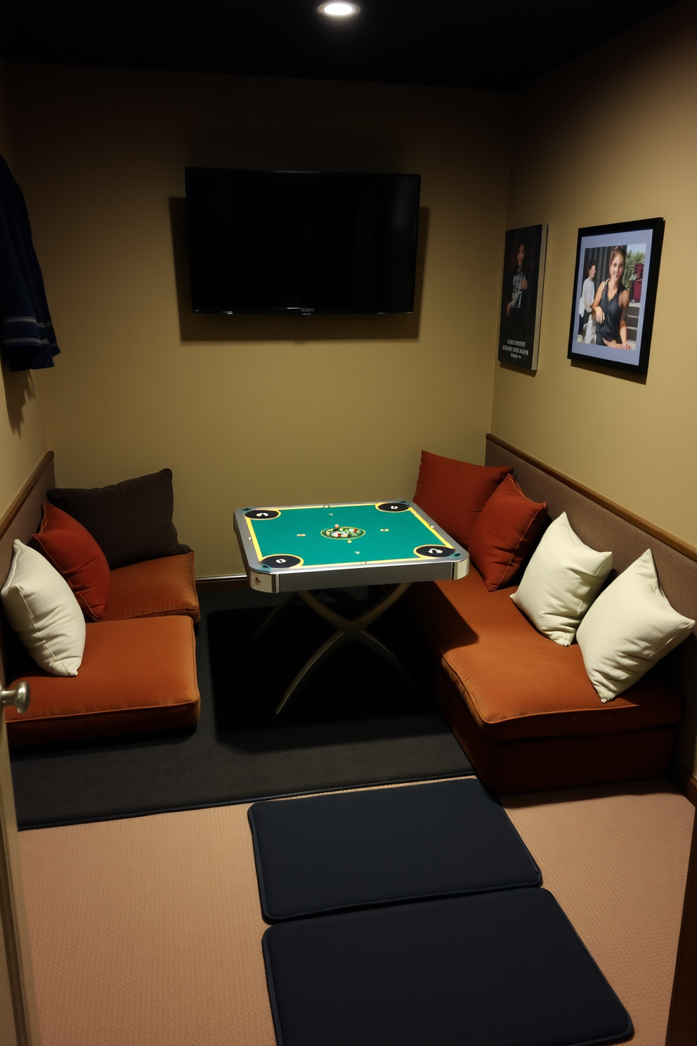 A cozy small game room featuring cushioned floor mats for added comfort. The space includes a compact gaming table surrounded by plush seating, creating an inviting atmosphere for friends and family to enjoy.