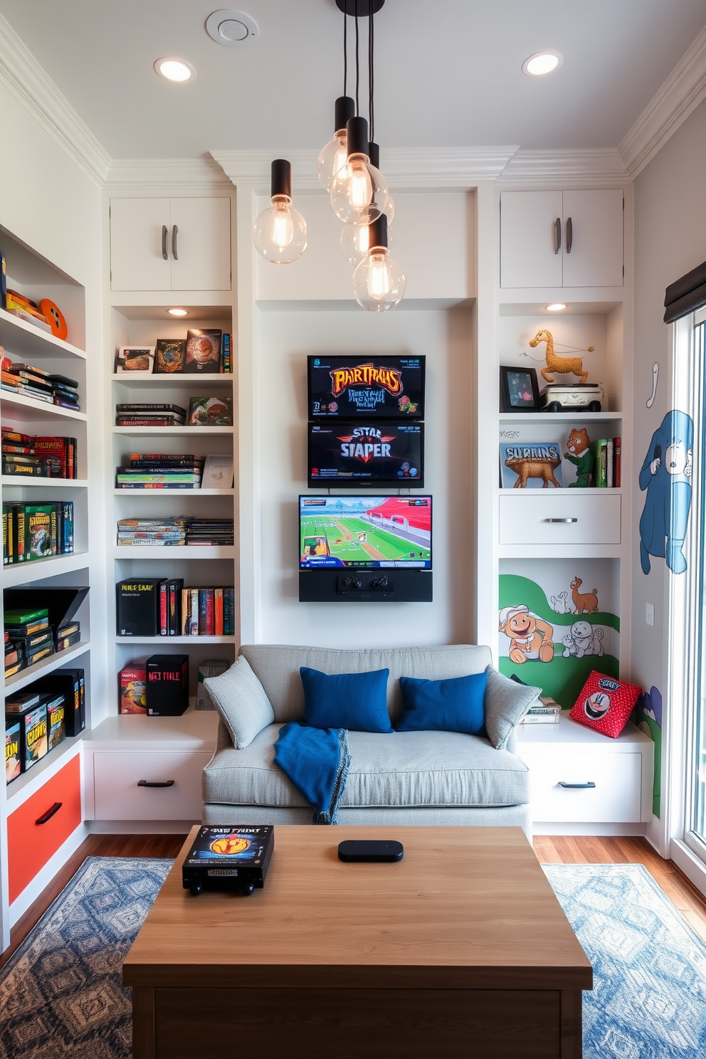A cozy small game room that creatively utilizes vertical space. The walls are lined with built-in shelves displaying games and collectibles, while a compact gaming console is mounted above a stylish low-profile sofa. Bright accent colors bring energy to the room, with a playful mural covering one wall. A multi-functional coffee table doubles as storage, and pendant lights hang from the ceiling to create an inviting atmosphere.