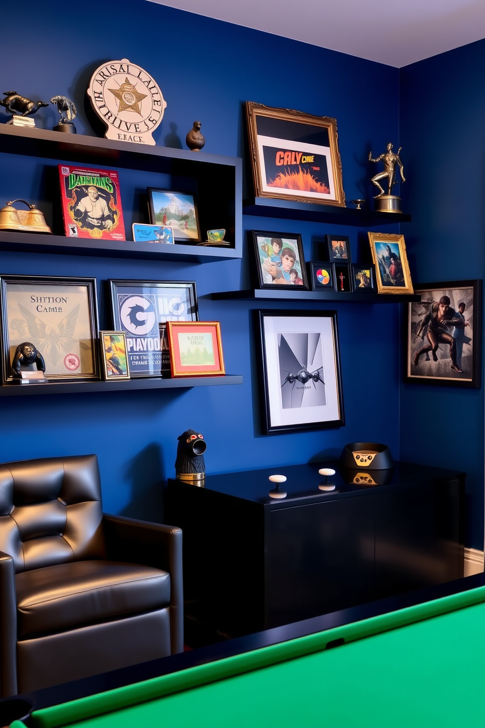 A stylish game room featuring a dedicated wall display for decorative gaming memorabilia. The walls are painted in a deep blue hue, and the display shelves are made of sleek black wood, showcasing collectibles and framed artwork.