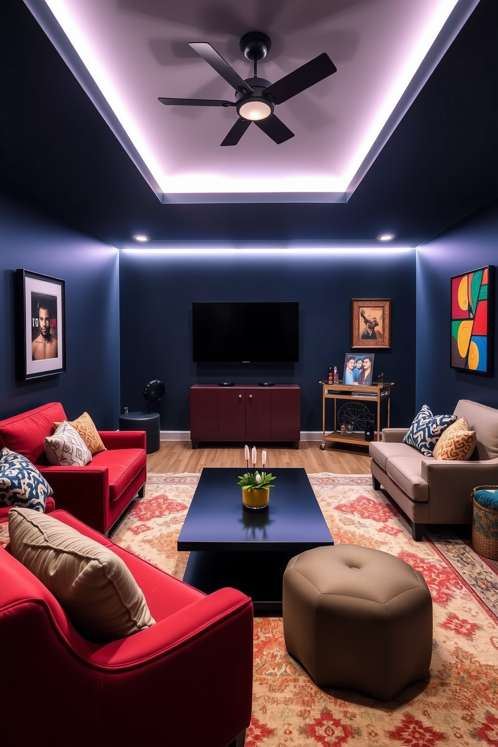 A cozy small game room featuring smart lighting that adjusts to create the perfect mood for gaming or relaxation. The walls are painted in a deep navy blue, complemented by plush seating and a sleek coffee table at the center. Incorporate a wall-mounted display for games and a stylish bar cart for refreshments. Accent the space with vibrant artwork and soft area rugs to enhance comfort and style.