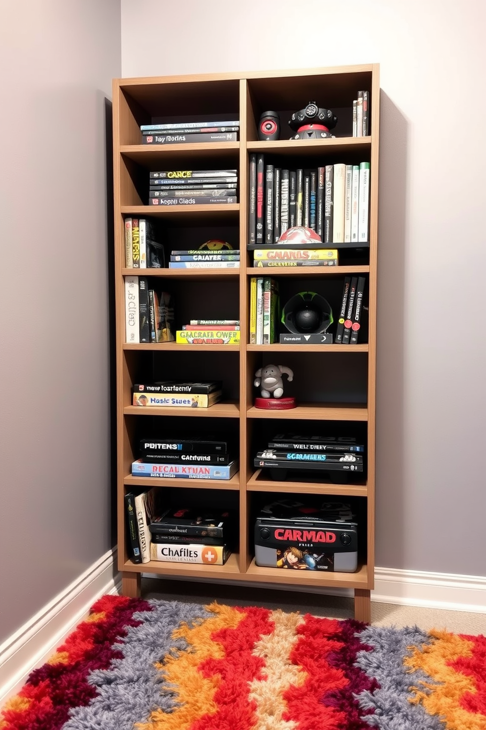 A compact shelving unit designed specifically for game collections. The shelves are arranged in a staggered pattern, showcasing various game boxes and collectibles while maintaining an organized appearance. The walls are painted in a soft gray color to create a cozy atmosphere. A plush area rug in vibrant colors adds warmth and comfort to the small game room space.