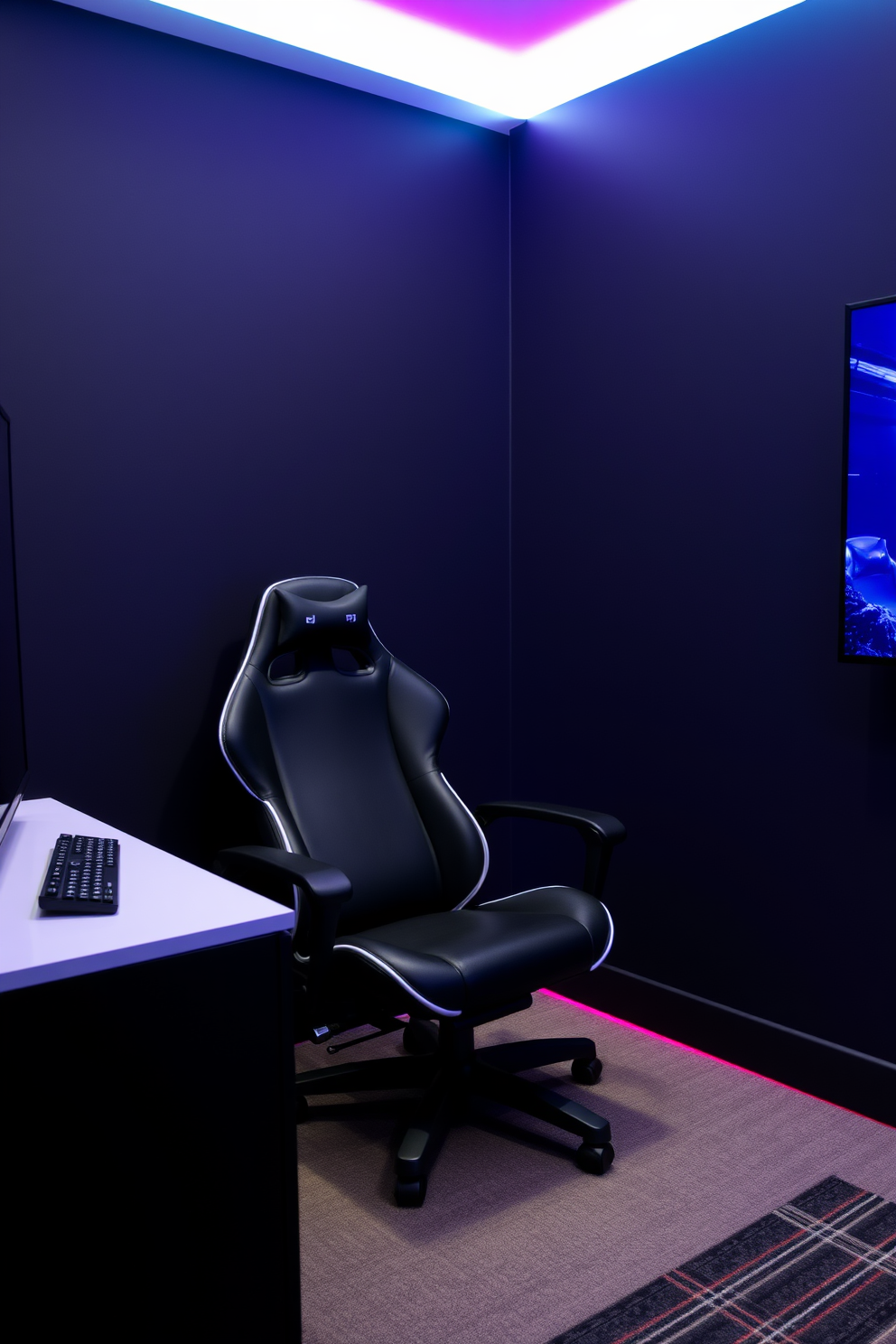 A modern small game room features a sleek gaming chair with built-in speakers for an immersive experience. The walls are painted in a dark matte finish, and ambient LED lighting adds a vibrant touch to the space.