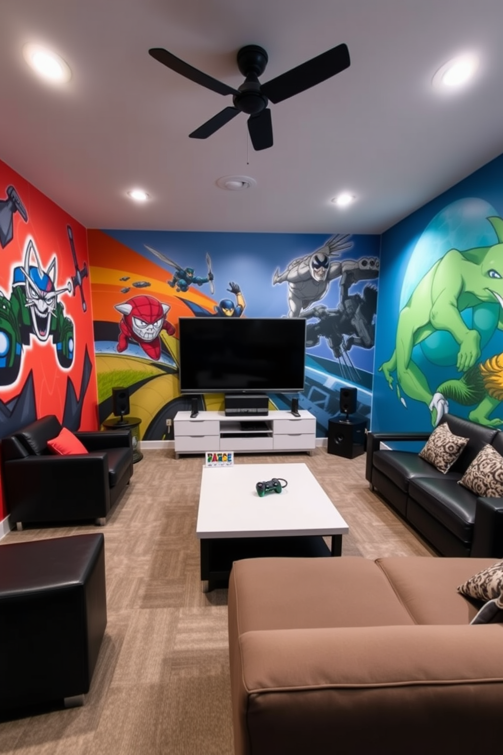 A vibrant game room featuring customized gaming-themed artwork on the walls. The space includes a comfortable sectional sofa, a sleek coffee table, and a large flat-screen TV mounted for the ultimate gaming experience.
