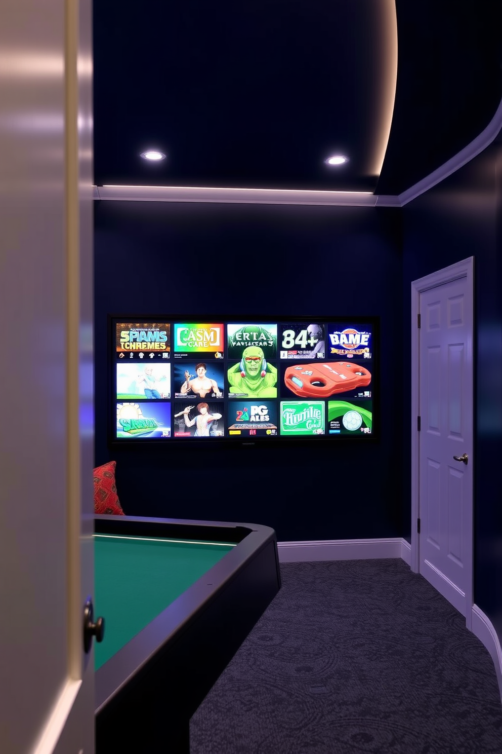A cozy small game room featuring an interactive wall designed for game displays. The walls are painted in a deep navy blue, with soft ambient lighting highlighting the interactive features and creating an inviting atmosphere.