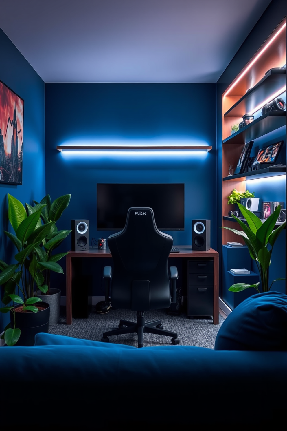A cozy gaming corner is designed with a comfortable gaming chair positioned in front of a sleek desk that holds a large monitor. Lush green plants are placed in the corners, adding a touch of freshness and life to the space. The walls are painted in a deep blue shade, creating an immersive atmosphere for gaming. Soft LED strip lights outline the shelves, showcasing collectibles and enhancing the room's ambiance.