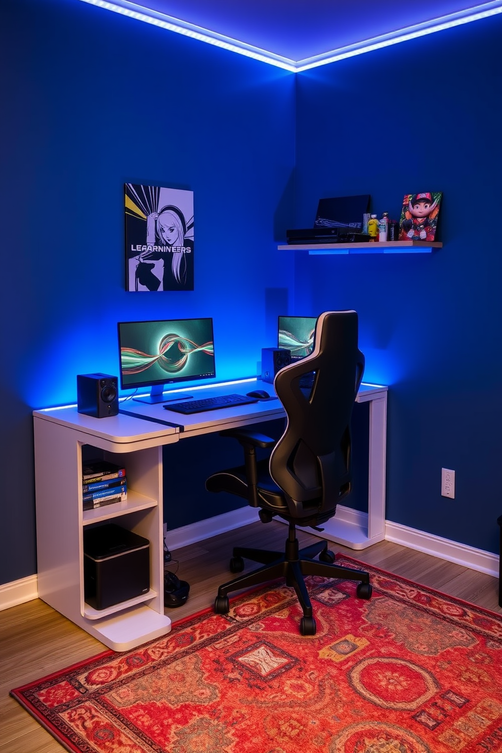A compact gaming desk is positioned against the wall, featuring a sleek design with built-in storage for games and accessories. An ergonomic chair with adjustable features is placed in front of the desk, ensuring comfort during long gaming sessions. The walls are painted in a deep blue hue, creating an immersive atmosphere, while LED strip lights illuminate the space. A small shelf holds gaming consoles and collectibles, and a colorful rug adds warmth to the floor.