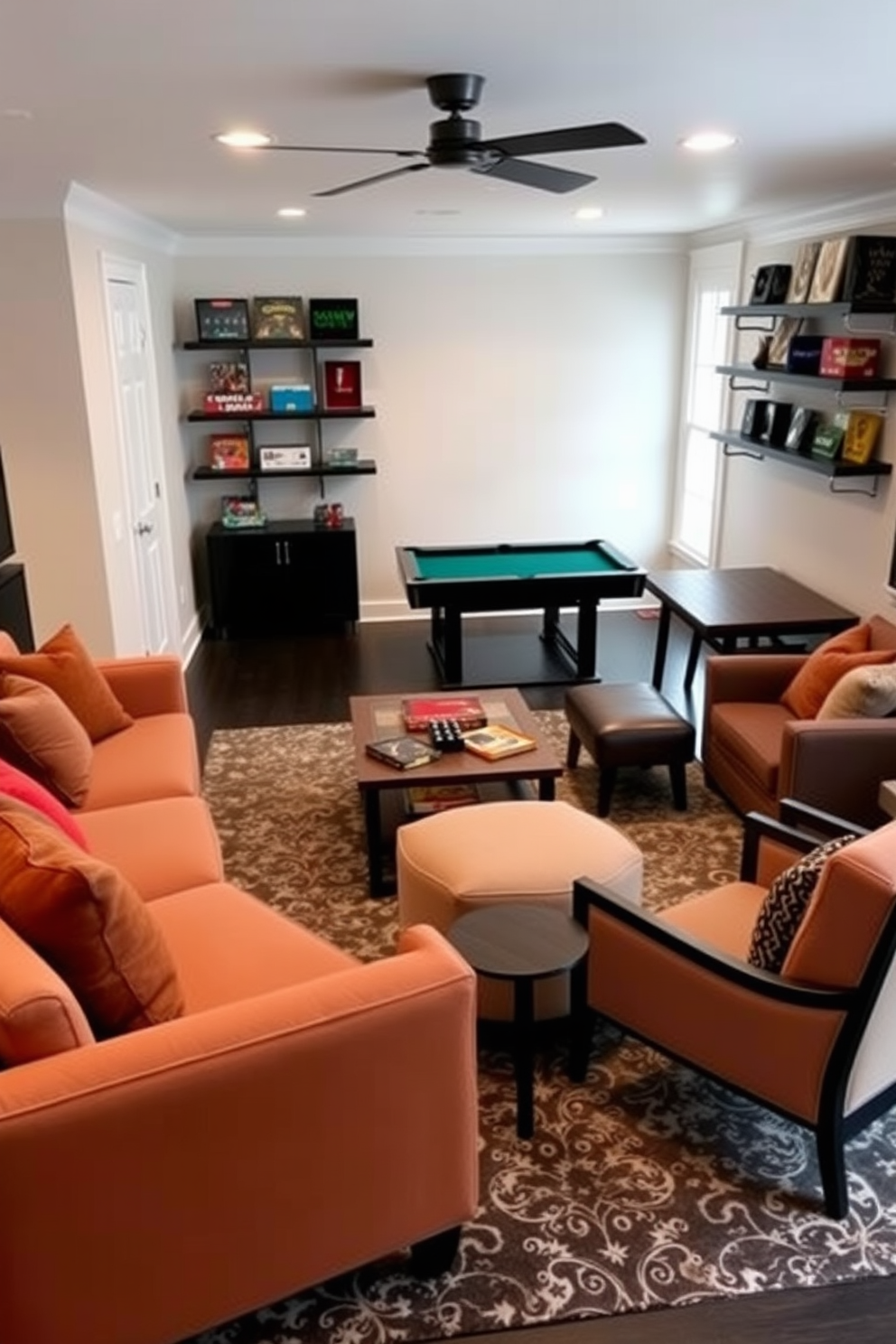 Flexible seating options for guests include a combination of plush sectional sofas and stylish armchairs arranged in a conversational layout. A large area rug defines the space, while a coffee table in the center adds functionality and style. Small game room design ideas feature a compact pool table surrounded by cushioned benches for seating. Wall-mounted shelves display board games and gaming accessories, creating an inviting and playful atmosphere.