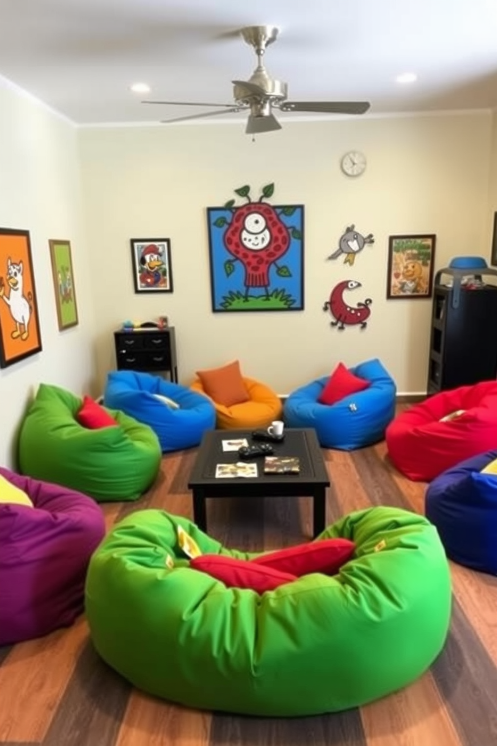 A cozy game room features colorful bean bags scattered around for casual seating, creating a vibrant and inviting atmosphere. The walls are adorned with playful artwork, and a low coffee table sits in the center, perfect for snacks and drinks.