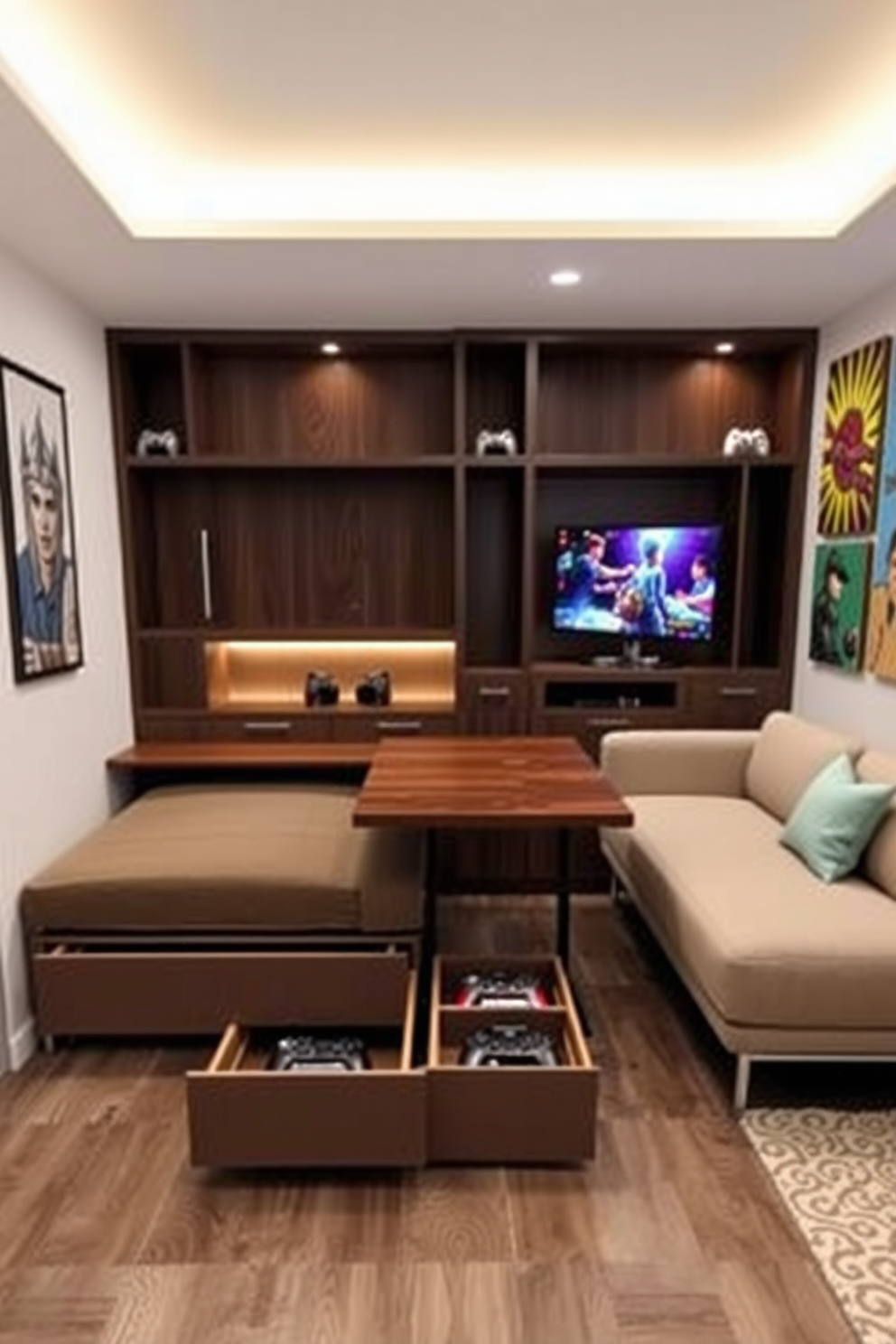 A stylish multifunctional furniture piece designed for small spaces. This furniture combines a sleek sofa bed with built-in storage drawers and a foldable dining table, maximizing utility while maintaining a modern aesthetic. A cozy game room featuring a compact gaming console setup. The room includes a comfortable sectional sofa, a wall-mounted TV, and vibrant wall art, creating an inviting atmosphere for entertainment and relaxation.