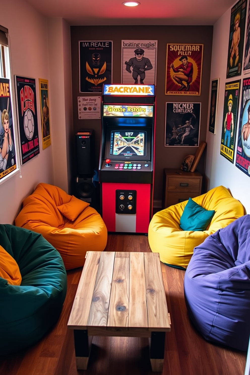 A cozy game room featuring a vintage arcade machine as the centerpiece. Surrounding the arcade machine are plush bean bags in vibrant colors, a small coffee table made from reclaimed wood, and retro posters adorning the walls.