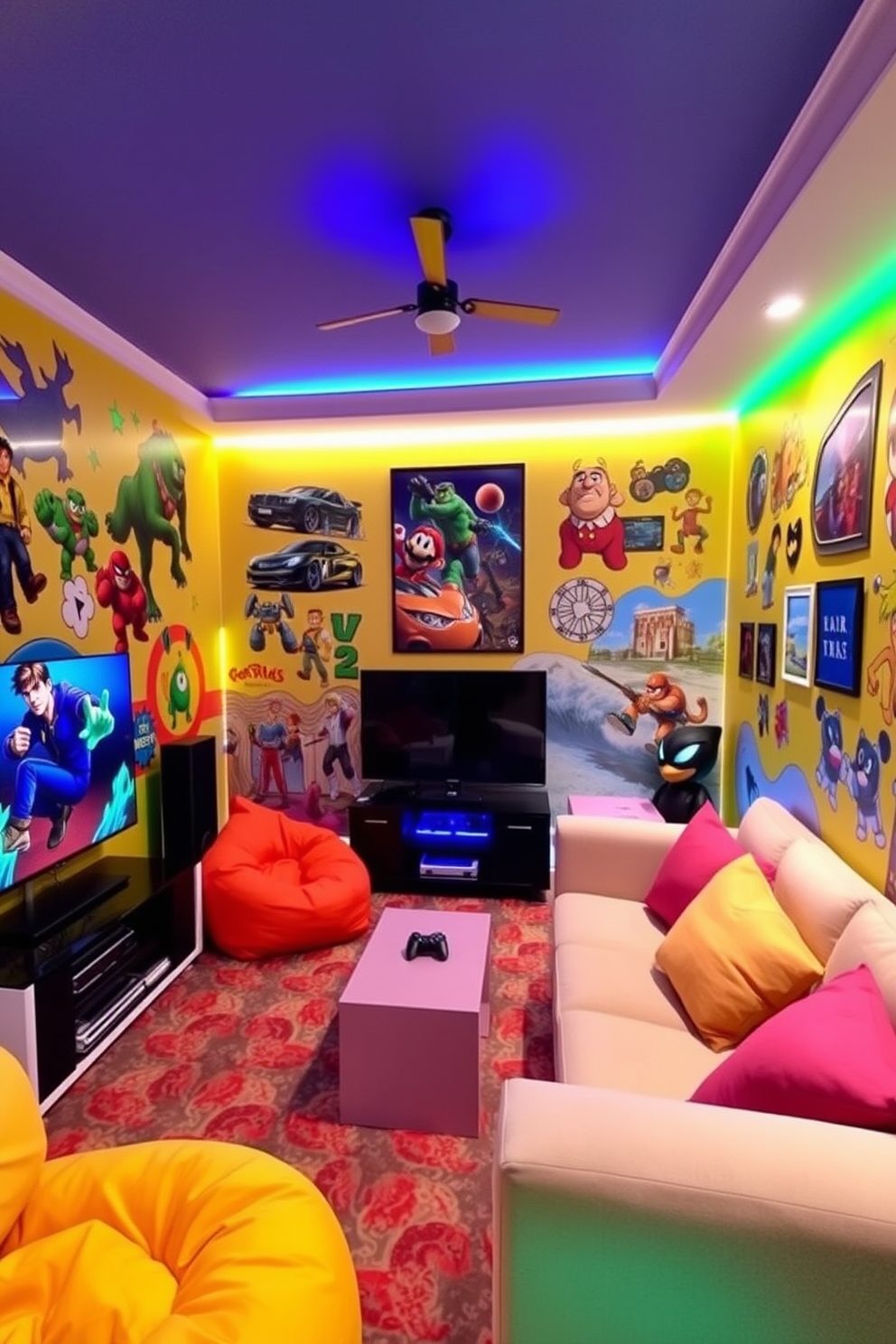 A vibrant game room filled with energy and creativity. The walls are adorned with colorful wall art featuring iconic gaming characters and scenes, creating a playful atmosphere. The room includes a cozy seating area with a plush sofa and bean bags in bright colors. A sleek gaming console is positioned on a modern entertainment unit, complemented by ambient lighting that enhances the gaming experience.