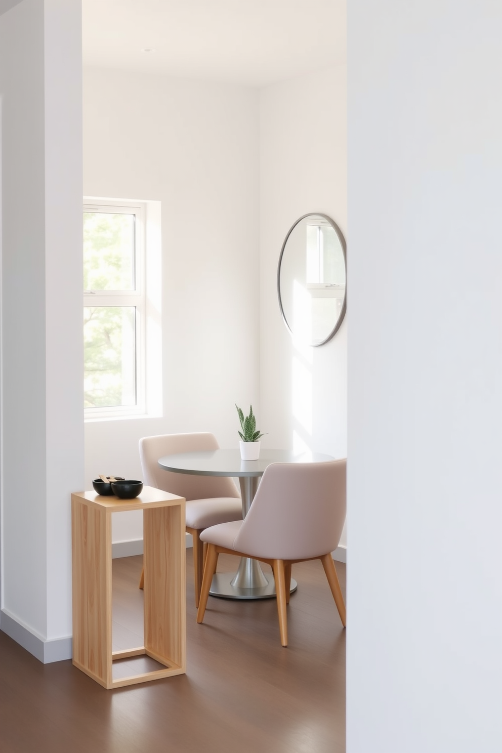 Create a gallery wall featuring a mix of framed art pieces in various sizes. The wall is adorned with colorful paintings, black and white photographs, and abstract prints arranged in an eclectic yet harmonious layout. Design a small kitchen dining room that maximizes space while maintaining style. The room includes a round wooden table surrounded by upholstered chairs, with open shelving displaying stylish dishware and decorative accents.
