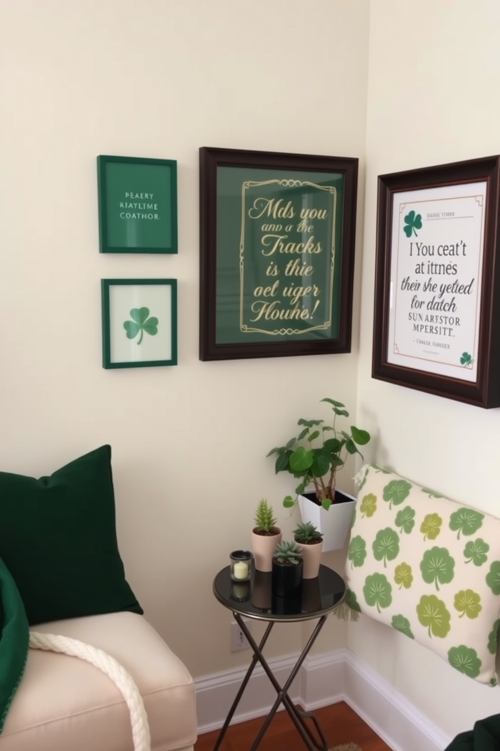 Create a cozy corner with wall art that features beautifully framed Irish quotes. The art should be complemented by subtle green and gold accents to enhance the St. Patrick's Day theme. Incorporate small decorative elements such as shamrock-shaped coasters and a festive throw blanket. Use a compact table to display a few potted plants, bringing a touch of nature indoors while celebrating the holiday.