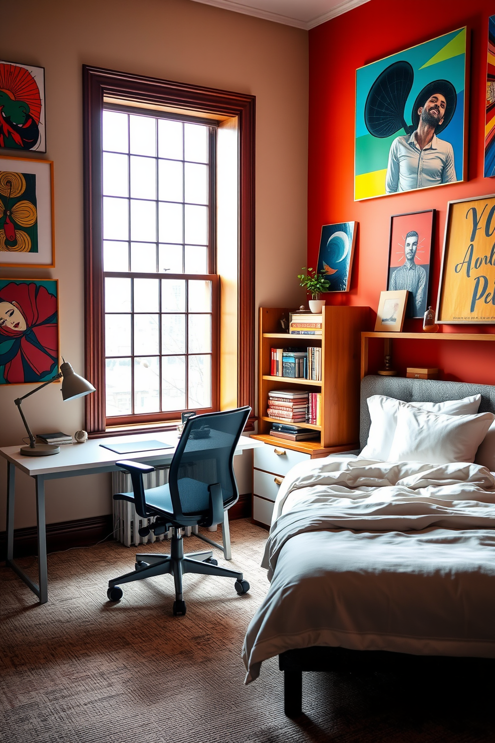 Bright artwork adorns the walls of a spare bedroom office, creating an energetic and inspiring atmosphere. A sleek desk with a modern ergonomic chair sits in front of a large window that floods the space with natural light. The room features a cozy bed in one corner, adorned with soft linens that invite relaxation. A stylish bookshelf filled with colorful books and decorative items adds personality to the space, balancing work and comfort.