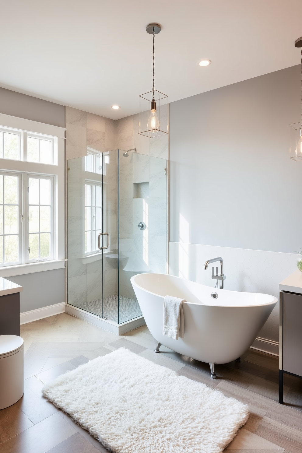 A luxurious split bathroom design featuring a freestanding tub positioned elegantly near a large window with natural light streaming in. Adjacent to the tub, a spacious separate shower area with glass doors showcases modern fixtures and sleek tile work. The color palette consists of soft whites and warm grays, creating a serene atmosphere. Elegant pendant lights hang above the tub, while a plush area rug adds comfort underfoot.