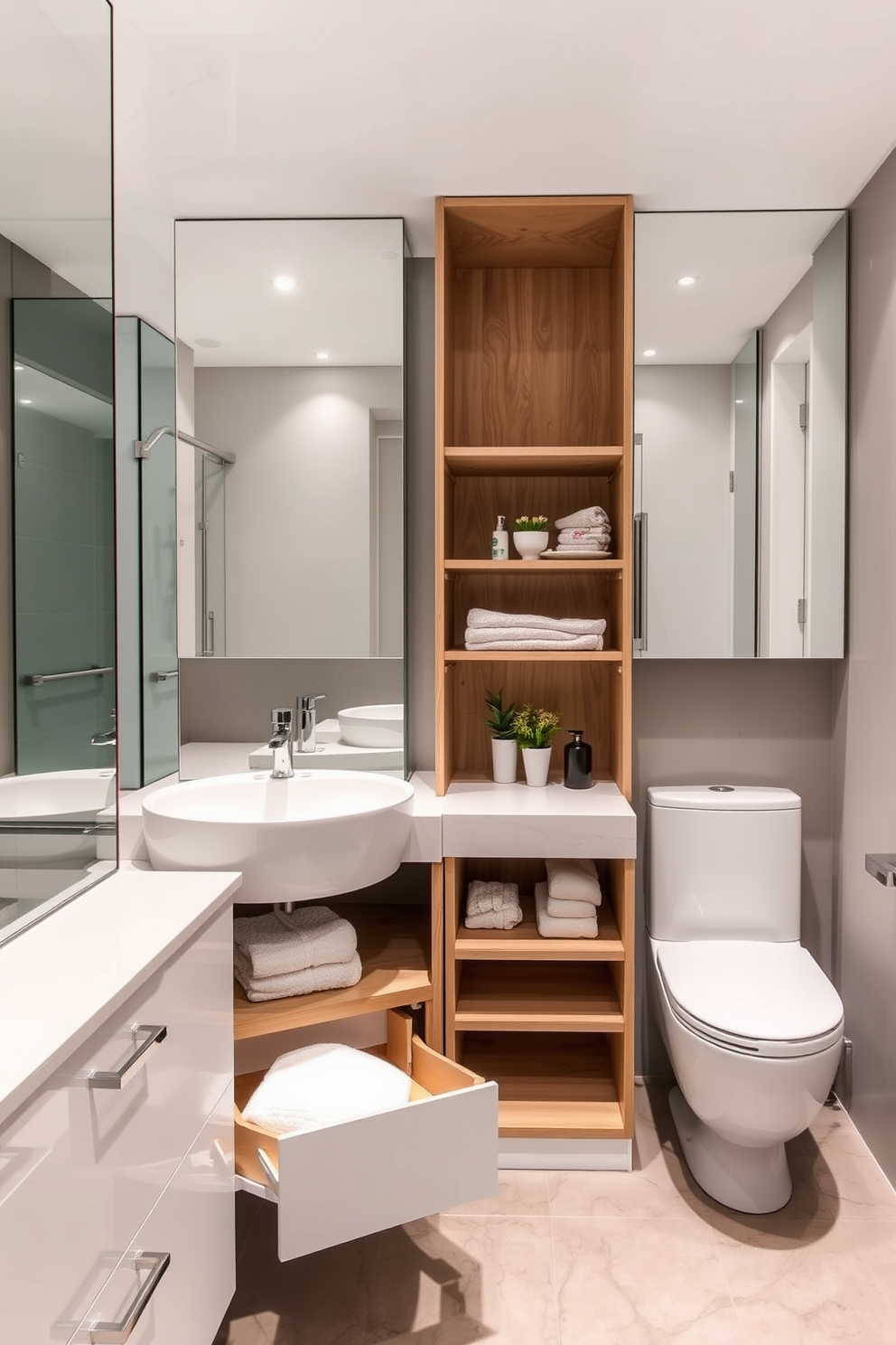 A modern bathroom featuring innovative storage solutions under the sinks. The cabinetry utilizes a sleek design with pull-out drawers and open shelving for easy access to toiletries and towels. The split bathroom design showcases separate areas for the shower and toilet. Each section is defined by elegant glass partitions and contemporary fixtures, creating a harmonious flow throughout the space.