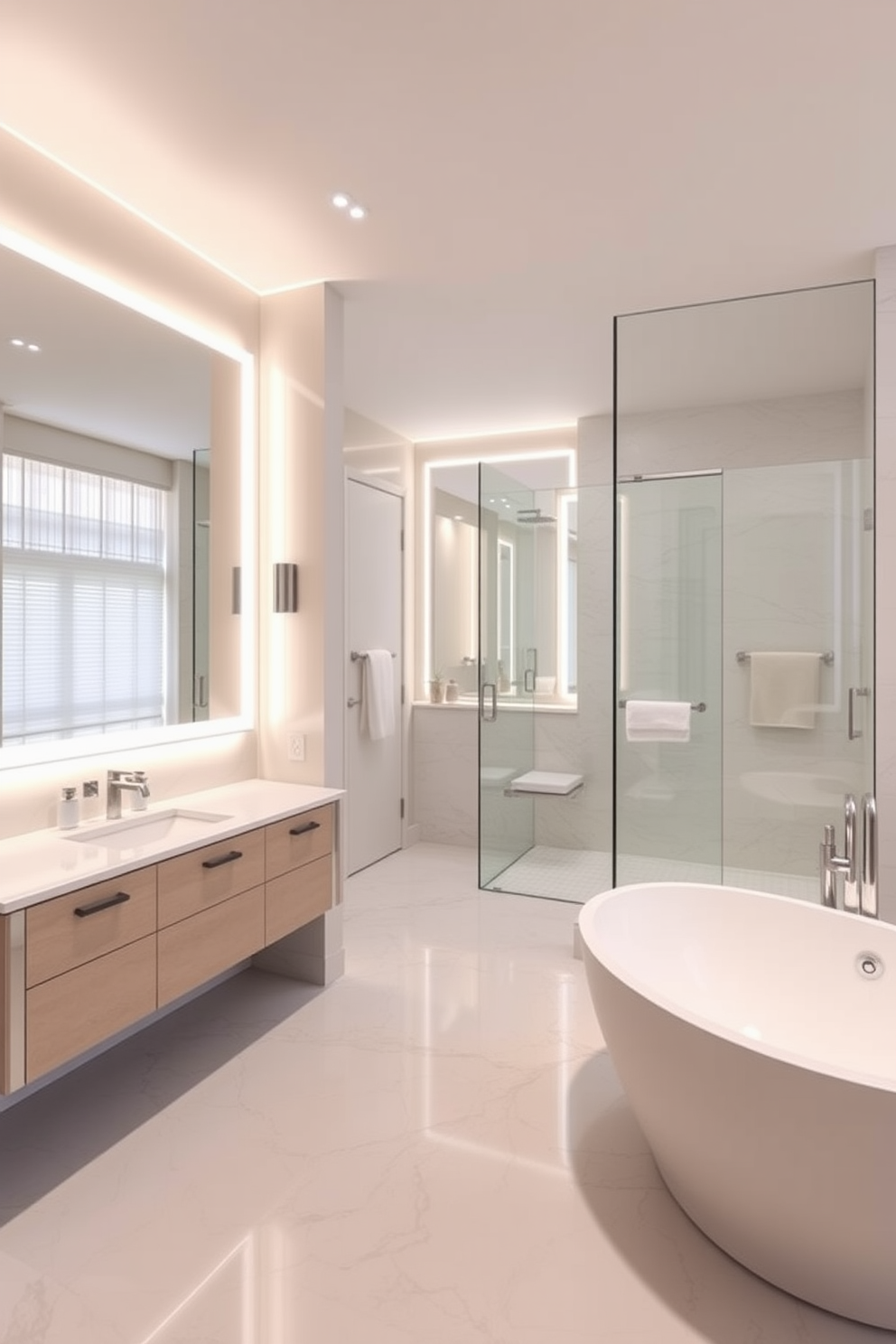 Create a luxurious bathroom featuring integrated lighting within the mirror designs. The mirrors should have sleek, contemporary frames with soft LED lighting that enhances the overall ambiance of the space. Design a split bathroom layout that maximizes functionality and style. One side should feature a spacious vanity area with elegant storage solutions, while the other side includes a modern shower and a freestanding bathtub for relaxation.