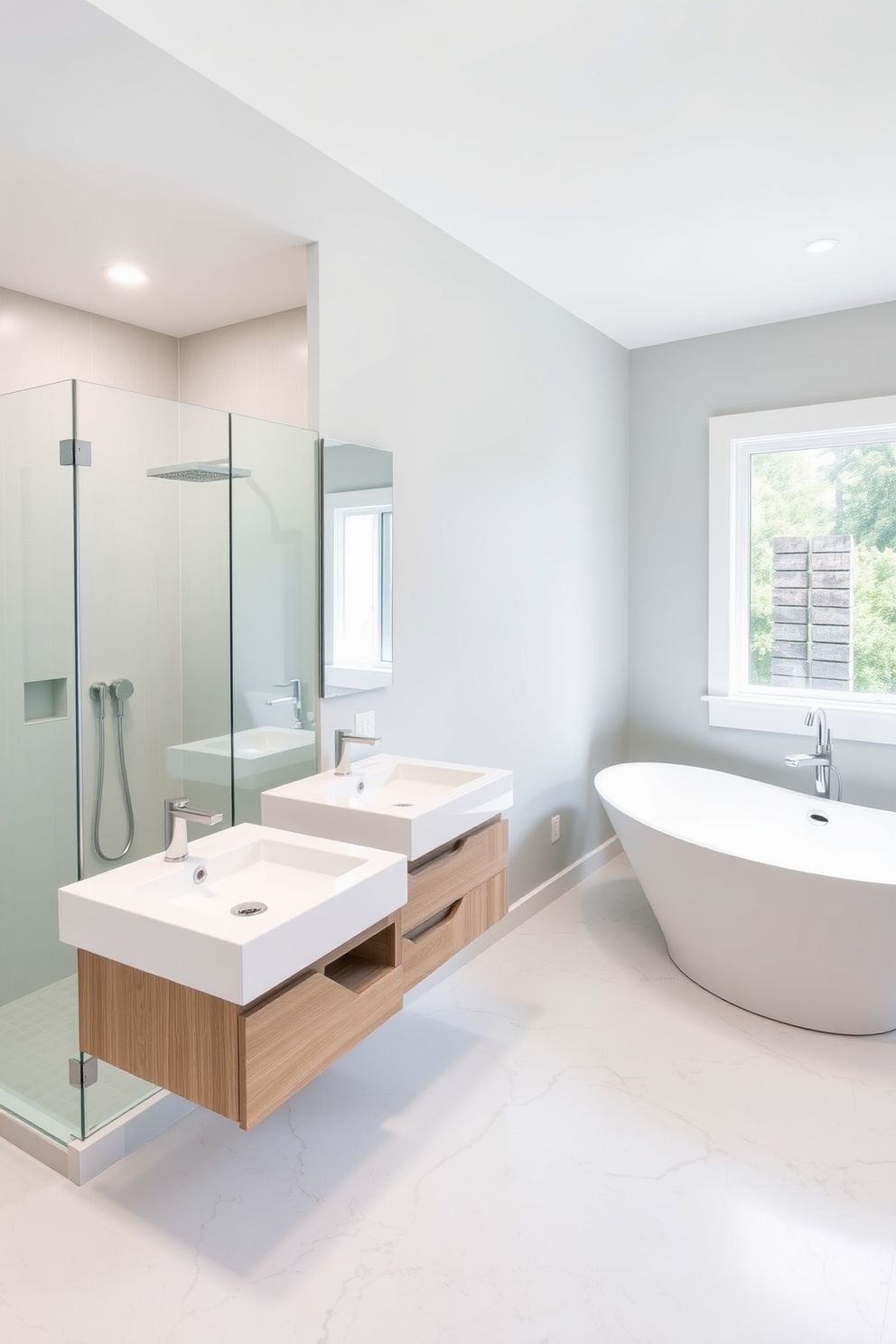 A modern split bathroom design featuring two floating vanities mounted on a light gray wall. Each vanity has a sleek white countertop with under-mount sinks and stylish brushed nickel faucets. The left side showcases a spacious walk-in shower with frameless glass doors and a rainfall showerhead. On the right, a freestanding soaking tub is positioned beneath a large window, allowing natural light to fill the space.