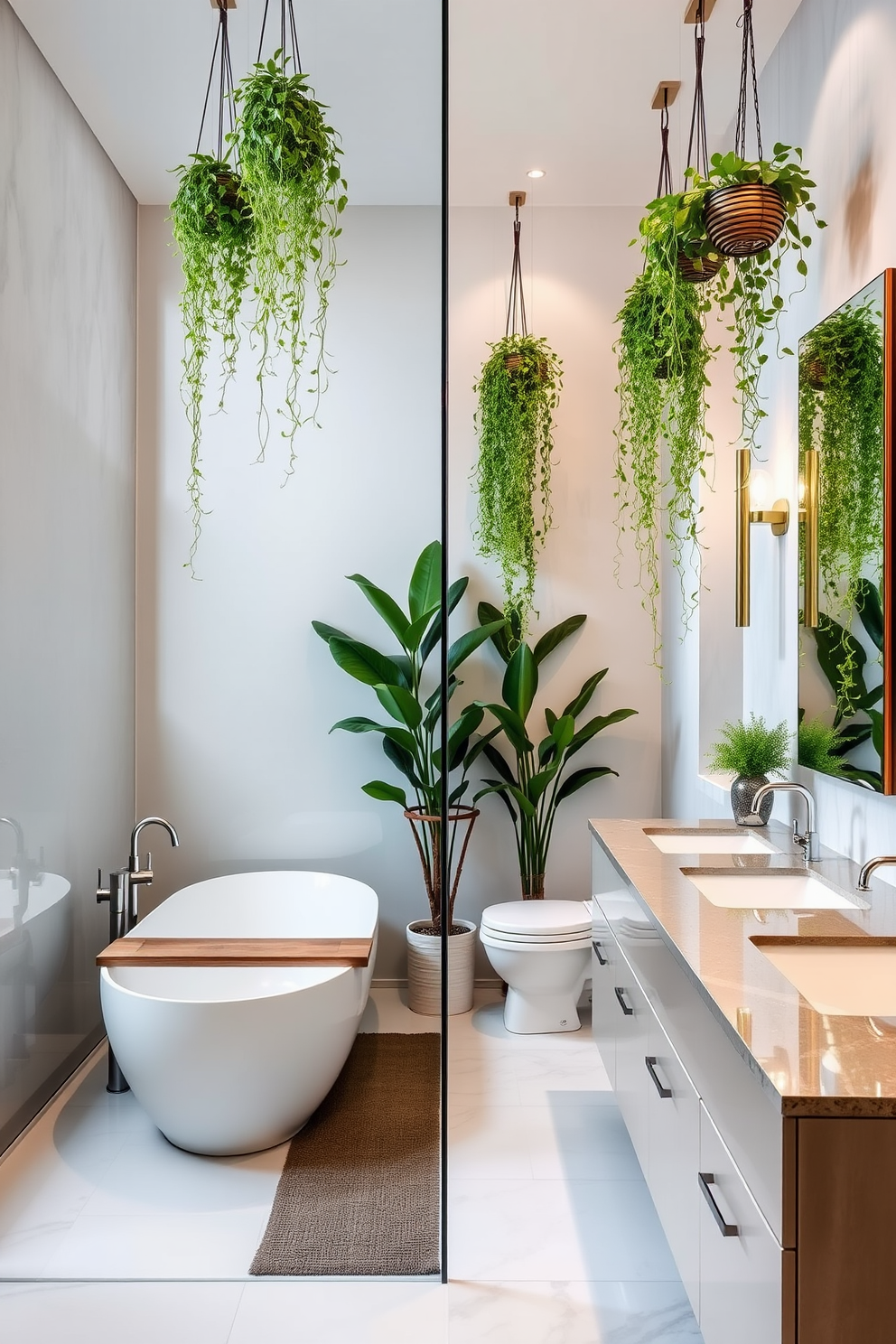 A split bathroom design features a seamless blend of functionality and aesthetics. The space incorporates hanging plants that cascade beautifully from the ceiling, adding a refreshing touch of greenery. The left side of the bathroom showcases a modern freestanding bathtub with a sleek faucet and a wooden bath tray. On the right side, a stylish double vanity with elegant fixtures complements the overall design, while lush hanging plants soften the look.
