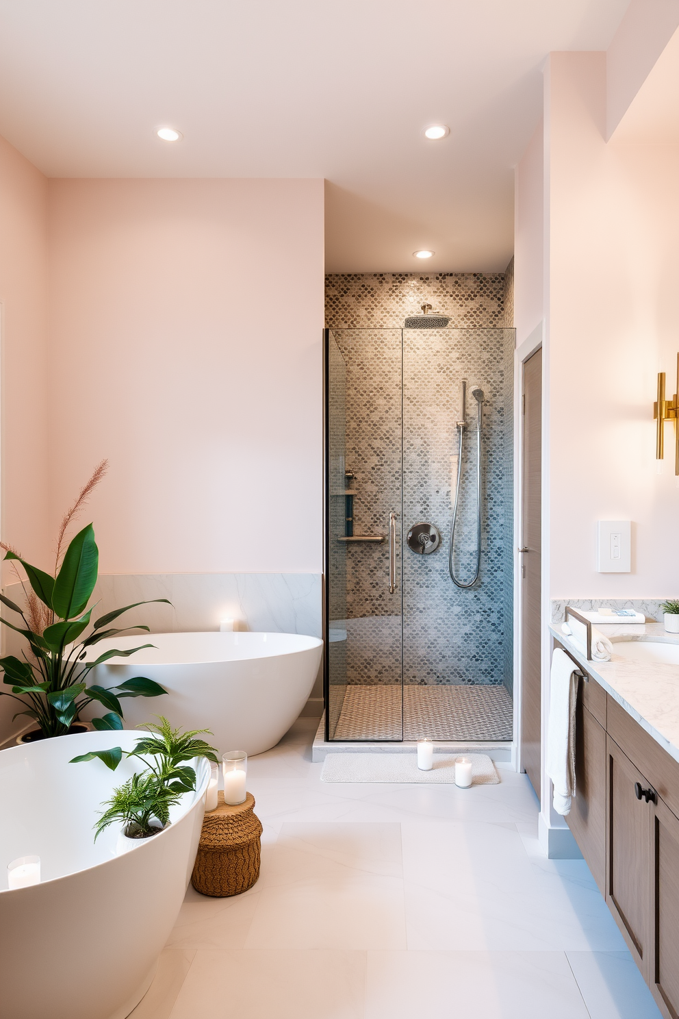 A serene spa-inspired bathroom featuring soft pastel colors and natural materials. The space includes a freestanding soaking tub surrounded by potted plants and candles, creating a tranquil atmosphere. A split bathroom design showcasing a spacious layout with separate areas for the shower and vanity. The shower area features a glass enclosure with mosaic tiles, while the vanity boasts elegant lighting and ample storage.