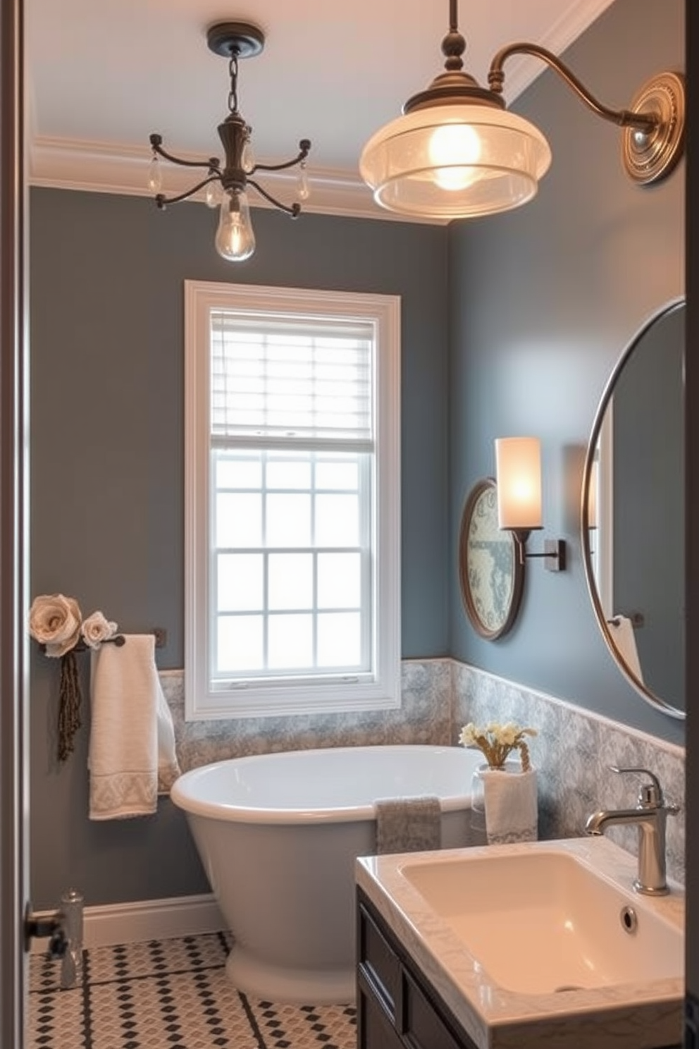 Create a stunning bathroom with unique light fixtures that serve as focal points. Incorporate a blend of modern and vintage styles to enhance the overall aesthetic. Design a split bathroom layout that maximizes space and functionality. Use contrasting color schemes and materials to define each area while maintaining a cohesive look.