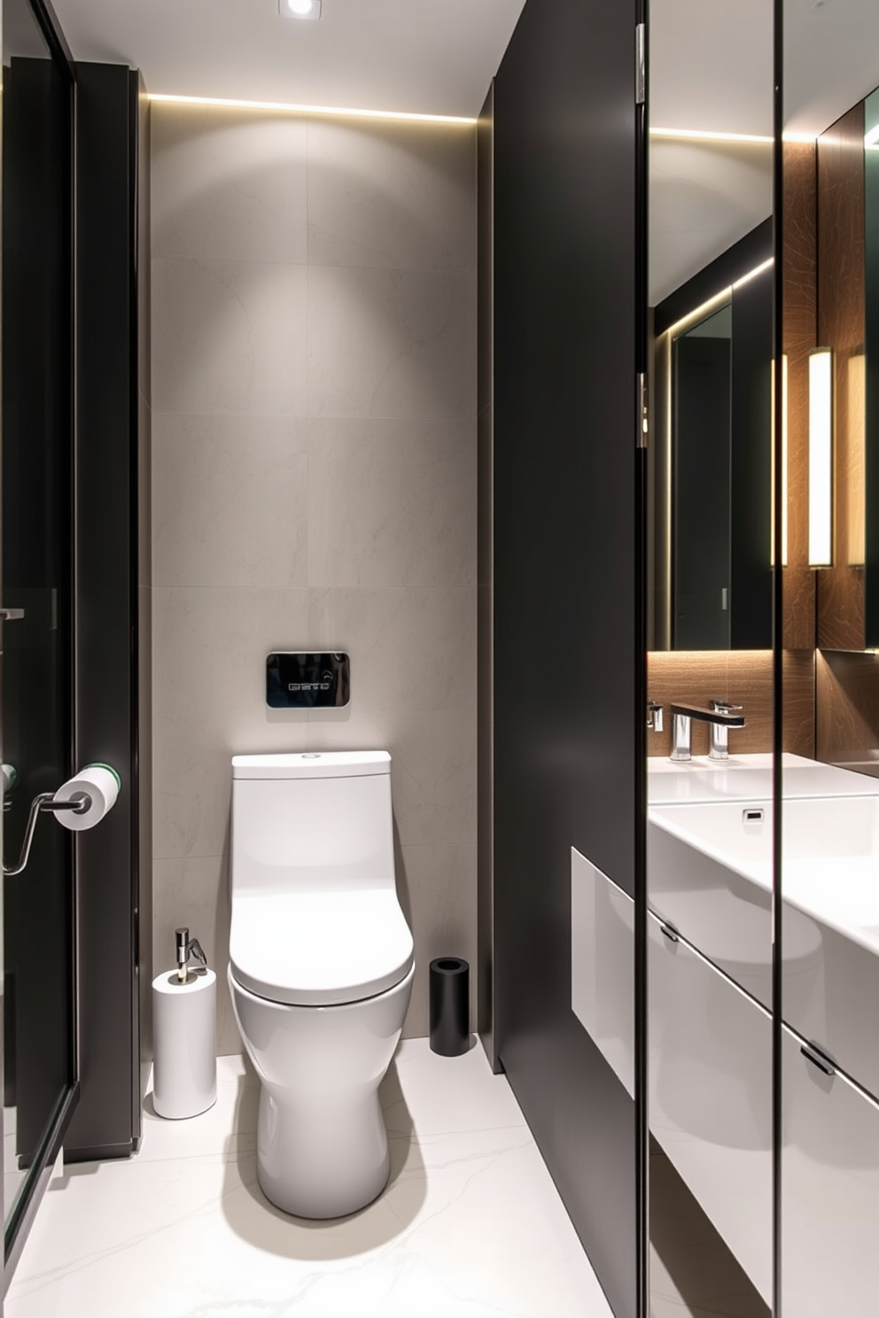A separate toilet area designed for privacy features a sleek partition that provides a sense of seclusion while maintaining an open flow in the bathroom. The decor includes soft lighting and elegant finishes, creating a tranquil atmosphere for personal moments. The split bathroom design showcases a harmonious balance between functionality and aesthetics. Each section is thoughtfully arranged, with modern fixtures and stylish accents that elevate the overall experience.