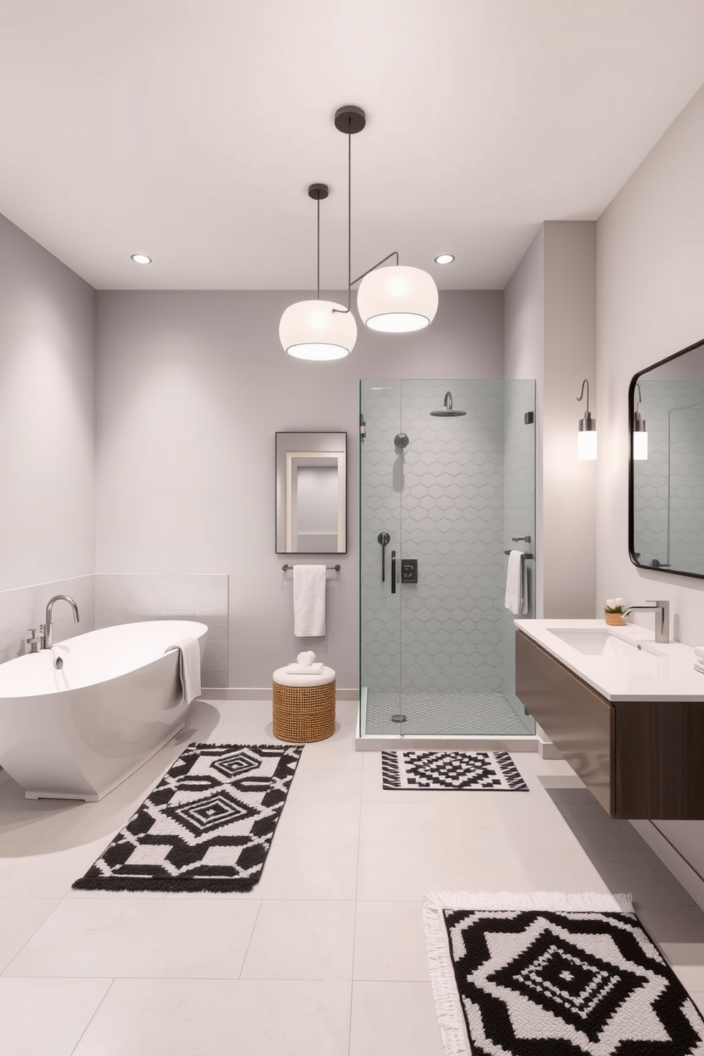 A modern split bathroom design featuring geometric shapes in decor. The space includes a sleek freestanding bathtub with angular lines and a glass shower enclosure with hexagonal tiles. On one side, a floating vanity with a rectangular mirror is paired with circular pendant lights. The color palette consists of soft grays and whites, accented by bold geometric patterns in the towels and rugs.