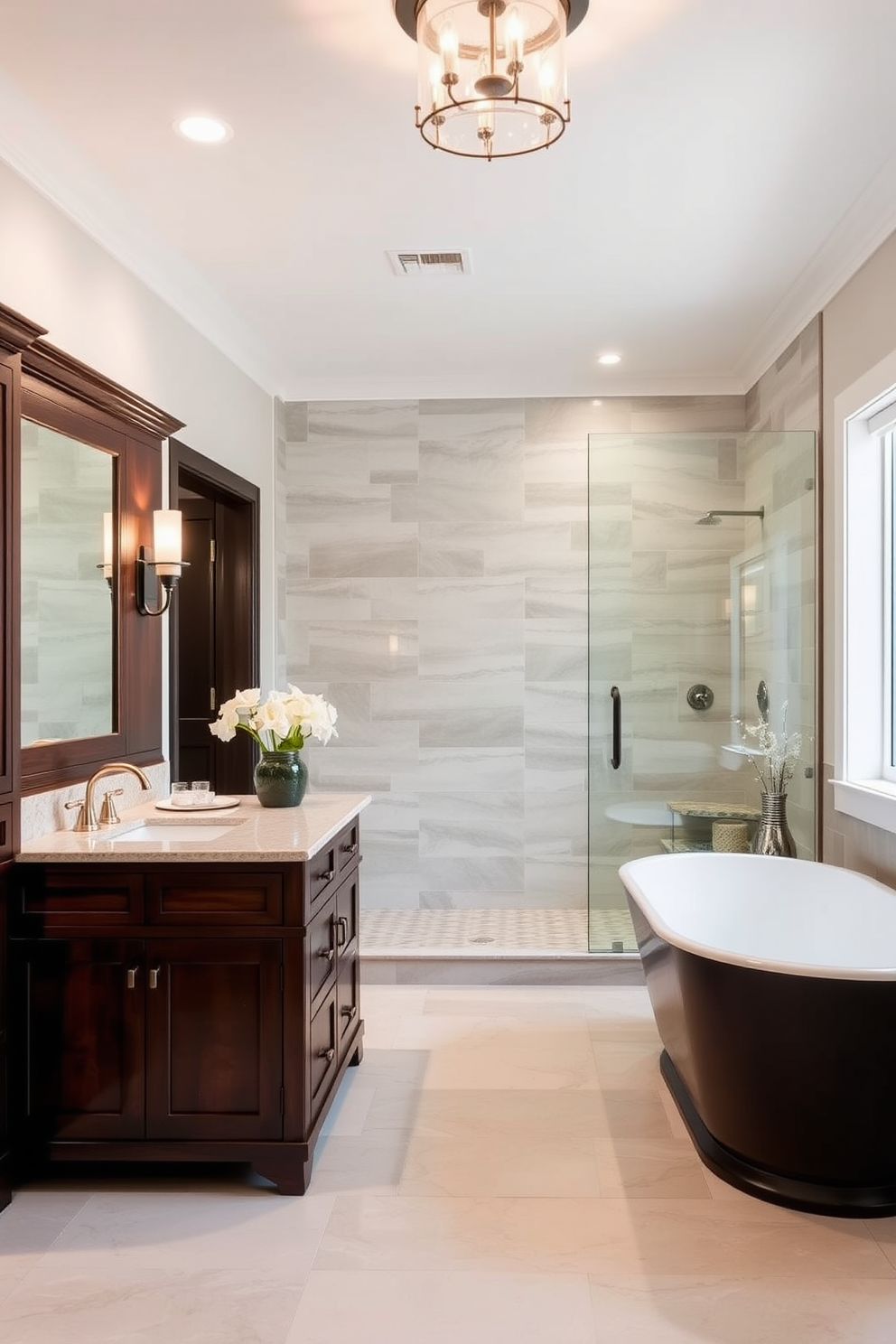 A stylish double vanity featuring ample storage solutions is the centerpiece of this split bathroom design. The vanity is crafted from rich wood with a polished countertop, complemented by elegant fixtures and ample lighting. On one side of the bathroom, a spacious shower area is enclosed with glass panels, showcasing modern tile work. The opposite side features a freestanding soaking tub, surrounded by decorative elements that enhance the serene atmosphere.