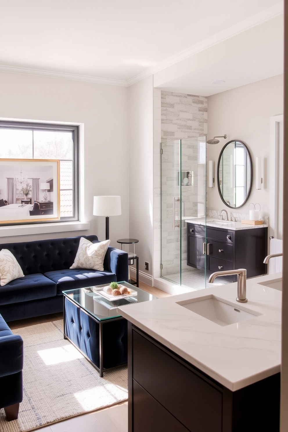A cozy seating area is nestled in the corner of a sunlit living room. It features a plush velvet sofa in a deep navy hue, paired with a sleek glass coffee table and a soft area rug beneath. The split bathroom design showcases a seamless transition between the vanity area and the shower space. The vanity boasts a double sink with elegant fixtures, while the shower features a glass enclosure with stunning tile work.