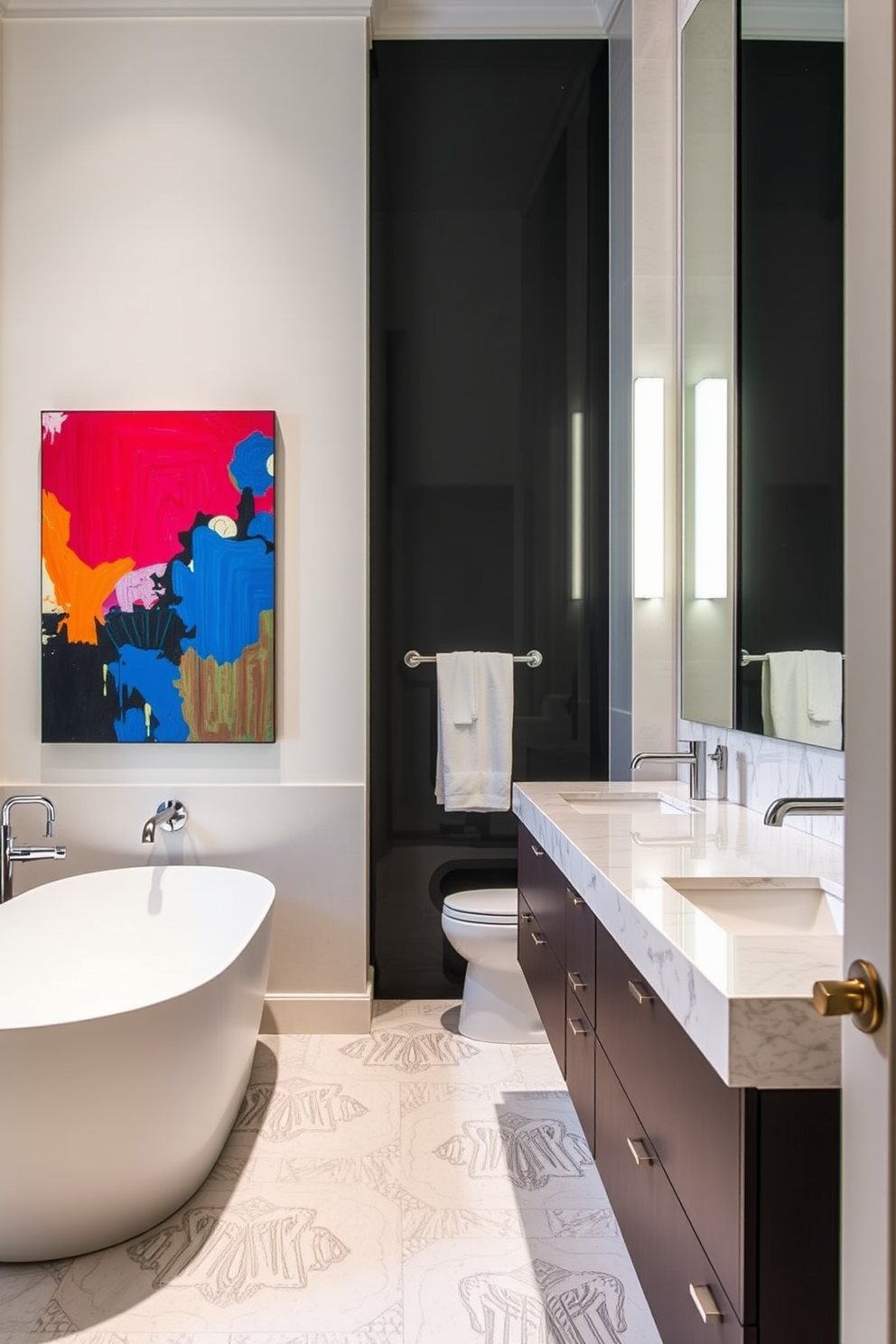A striking split bathroom featuring bold artwork that adds a personal touch to the design. The left side showcases a modern freestanding tub with a vibrant painting above it, while the right side features a sleek double vanity with colorful abstract art framing the space.