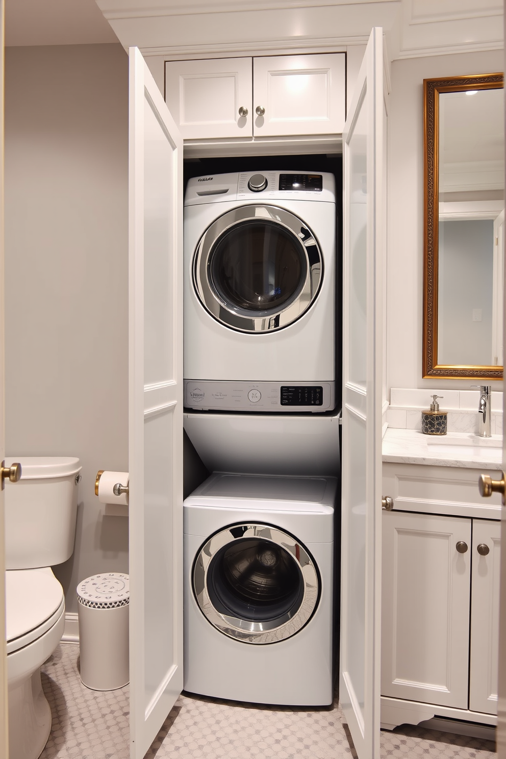 A functional laundry area within a bathroom features a compact washer and dryer stacked in a stylish cabinet. The space is designed with a light color palette, showcasing white cabinetry and soft gray walls, while a small countertop provides space for folding laundry. Split bathroom design ideas include a separate water closet for privacy and a dual vanity setup for convenience. The design incorporates elegant fixtures and a soothing color scheme, enhancing the overall aesthetic while maximizing functionality.