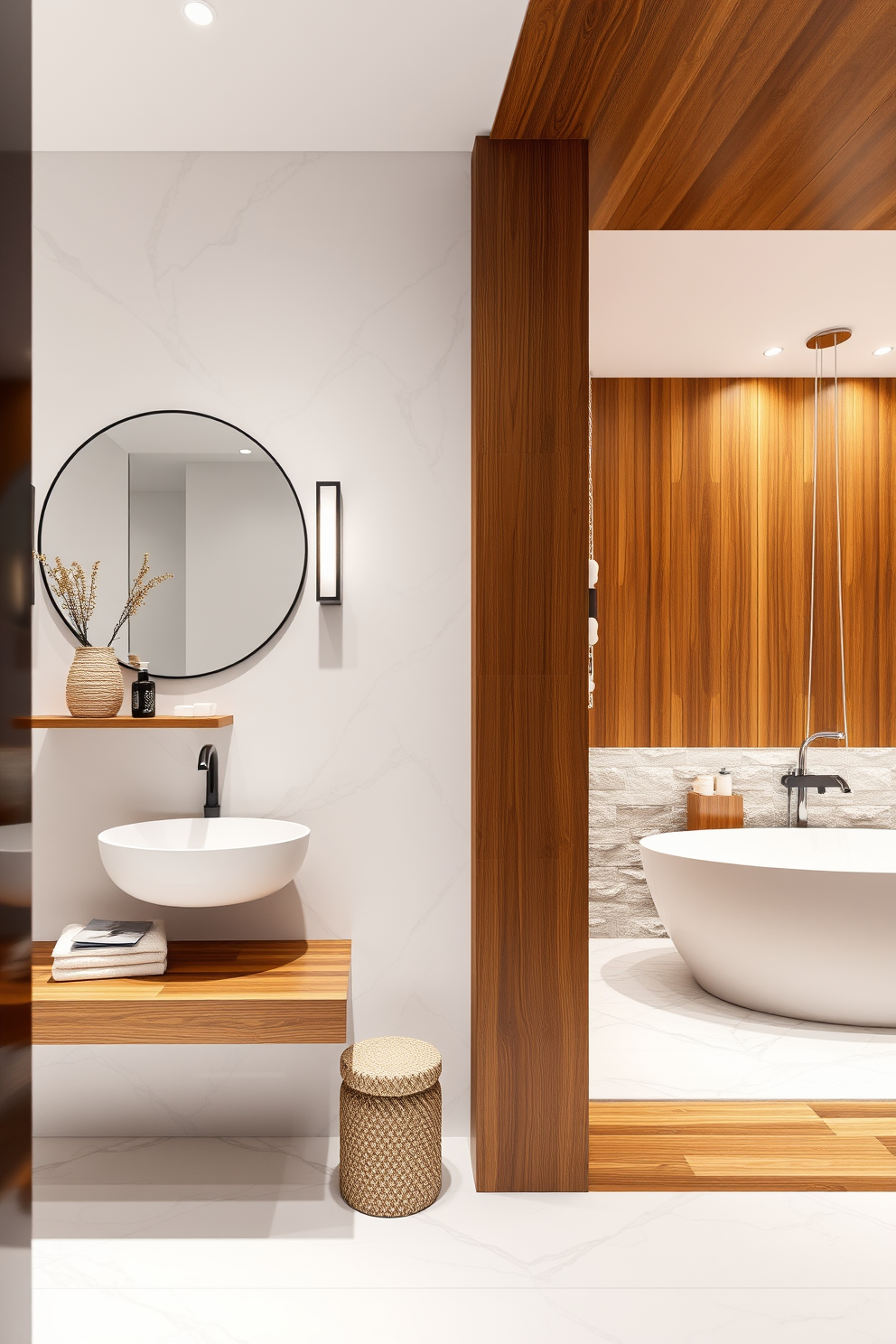 A modern split bathroom design featuring contrasting materials for visual interest. One side showcases sleek white marble tiles while the other side has warm wooden paneling creating a harmonious balance. The vanity area includes a floating wooden shelf with stylish decor and a large round mirror above it. On the opposite side, a freestanding bathtub is surrounded by textured stone walls, complemented by elegant lighting fixtures.