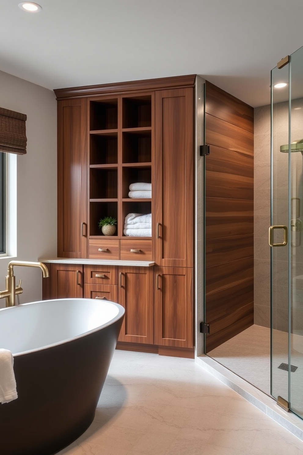 Custom cabinetry for tailored storage. The cabinetry features a blend of open shelving and closed cabinets, crafted from rich walnut wood with sleek brass hardware. Split bathroom design ideas. One side showcases a luxurious freestanding soaking tub with a modern floor-mounted faucet, while the other side includes a spacious walk-in shower with frameless glass doors.