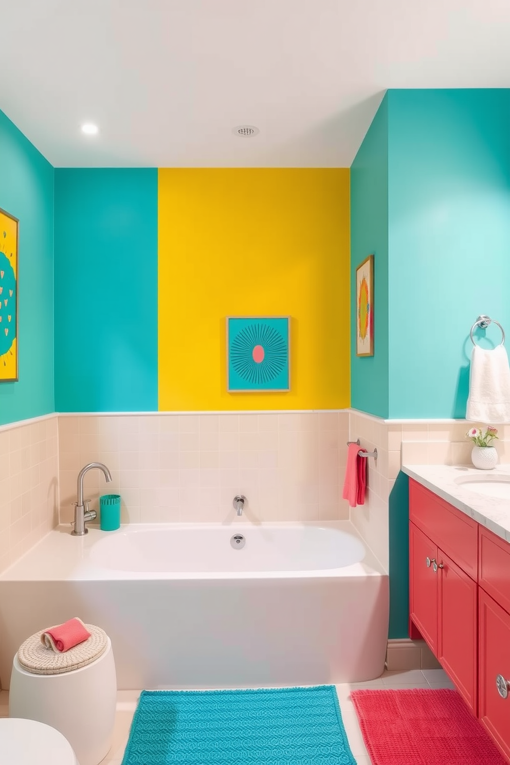 Bright accent colors fill the space with cheerful vibes, featuring a vibrant yellow wall that contrasts with a sleek white tub. The decor includes colorful artwork and playful accessories that enhance the lively atmosphere. The split bathroom design showcases a seamless division between the shower area and the vanity, each adorned with bold hues like turquoise and coral. This layout not only maximizes functionality but also adds a dynamic visual appeal to the overall design.