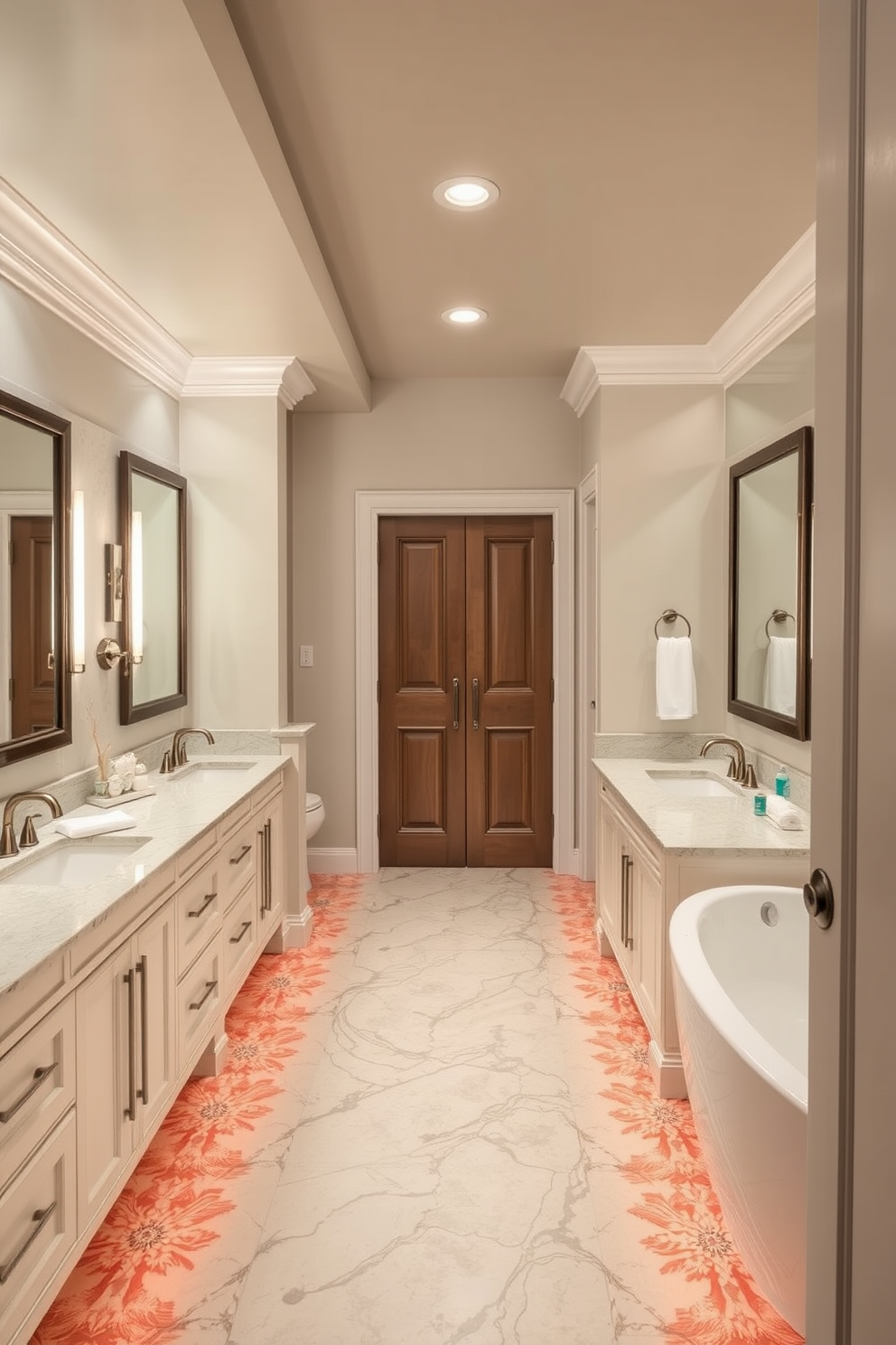 A luxurious split bathroom design features heated flooring that ensures comfort during the cold winter months. The layout includes separate vanity areas for added convenience, with elegant fixtures and ample storage space.