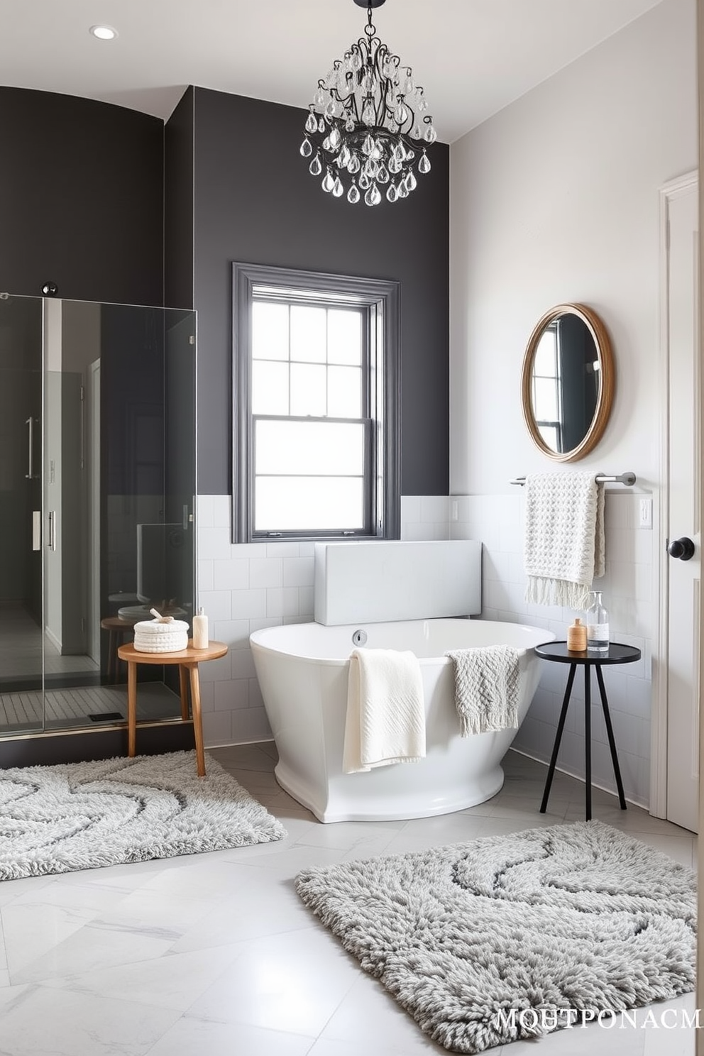 Stylish bath mats for added comfort. The bath mats are plush and luxurious, featuring a soft texture that invites relaxation and warmth underfoot. Split bathroom design ideas. The layout includes separate areas for the shower and bathtub, creating a functional and aesthetically pleasing space that maximizes privacy and style.