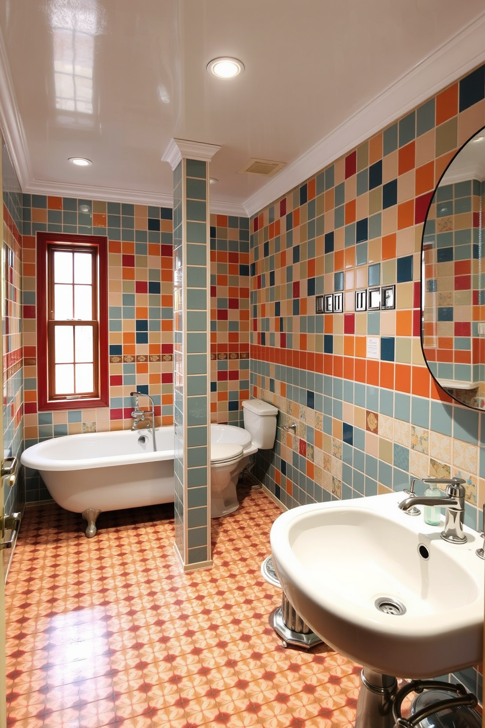 A vintage bathroom featuring colorful retro tiles that create a lively and inviting atmosphere. The split bathroom design includes a spacious area with a freestanding bathtub surrounded by patterned tiles, while the toilet and sink are separated by a stylish partition.