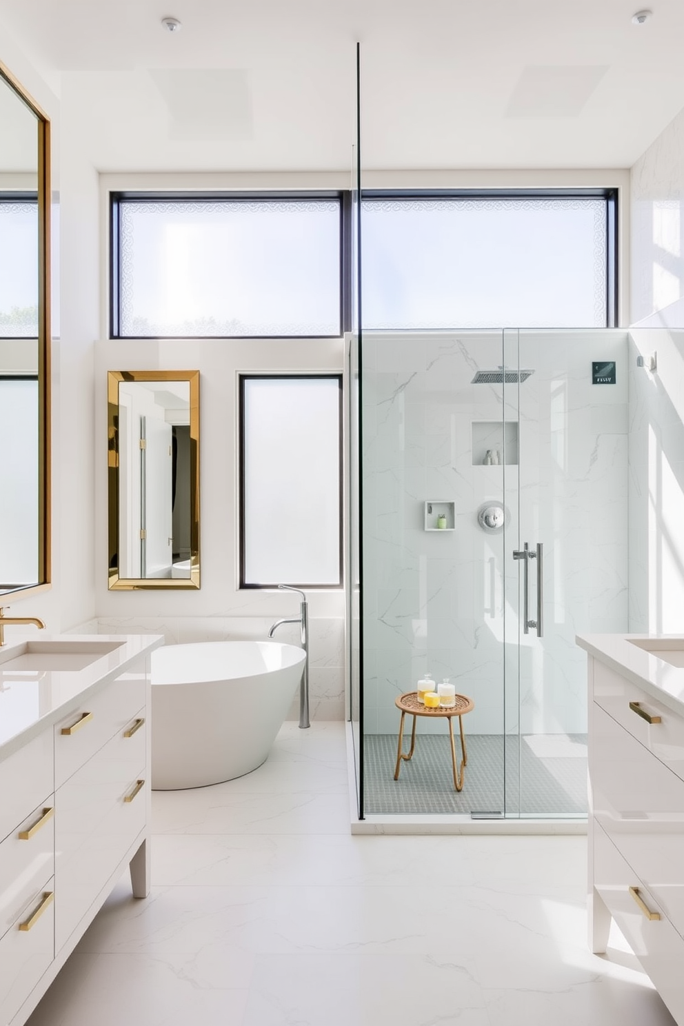 A chic split bathroom design featuring strategically placed mirrors that enhance the sense of space and light. The left side showcases a freestanding bathtub surrounded by elegant tiles, while the right side features a modern shower area with a glass enclosure and sleek fixtures. The color palette includes soft neutrals and pops of color to create a harmonious atmosphere. Natural light floods the room through frosted glass windows, creating a serene and inviting environment.