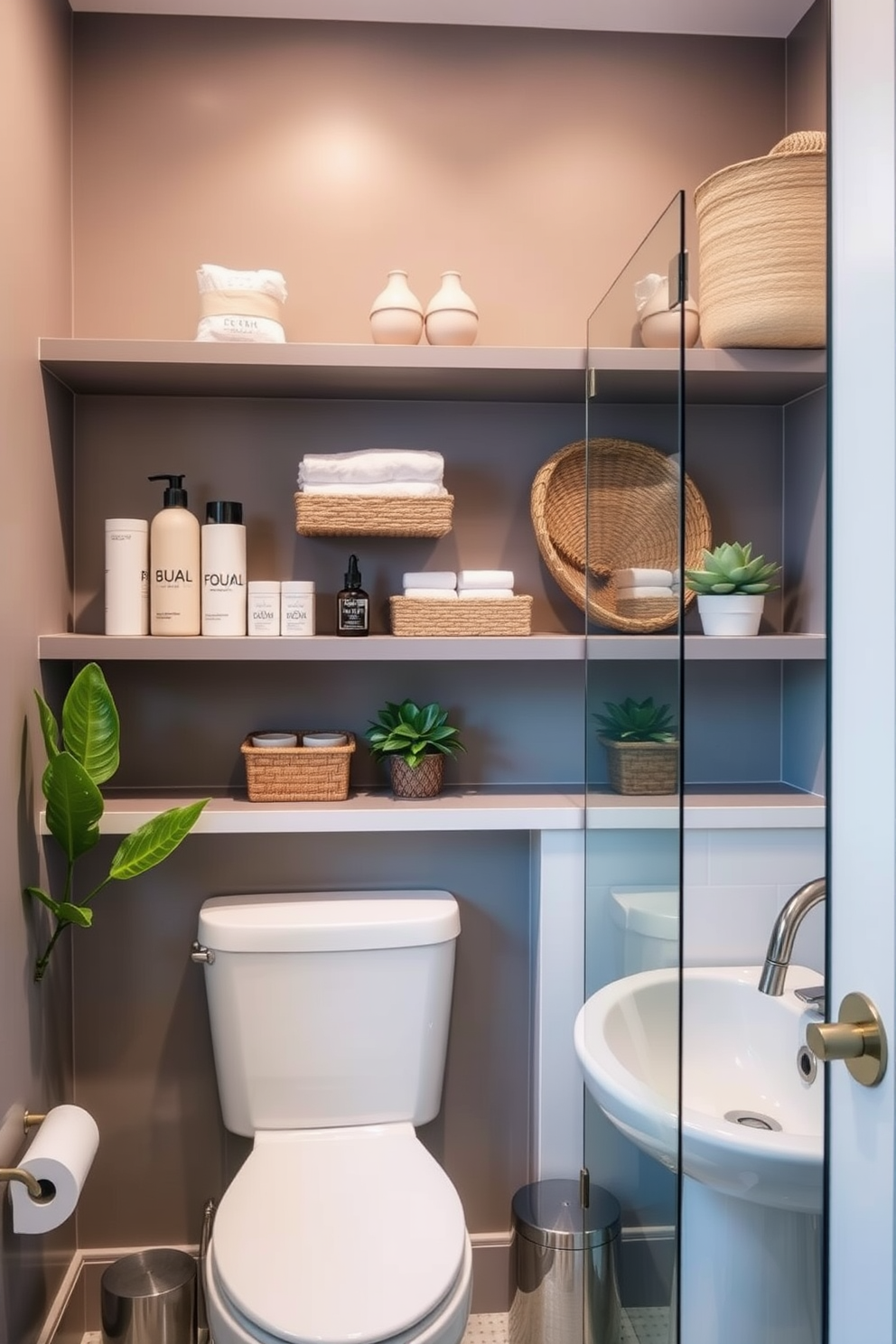 Open shelving creates a functional and stylish space, allowing easy access to everyday items while adding a decorative touch. The shelves can be adorned with neatly arranged toiletries, plants, and decorative baskets to enhance the overall aesthetic. In a split bathroom design, separate areas for the toilet and shower can provide privacy and convenience. Incorporating elegant materials and cohesive color schemes will ensure a seamless flow between the distinct spaces.
