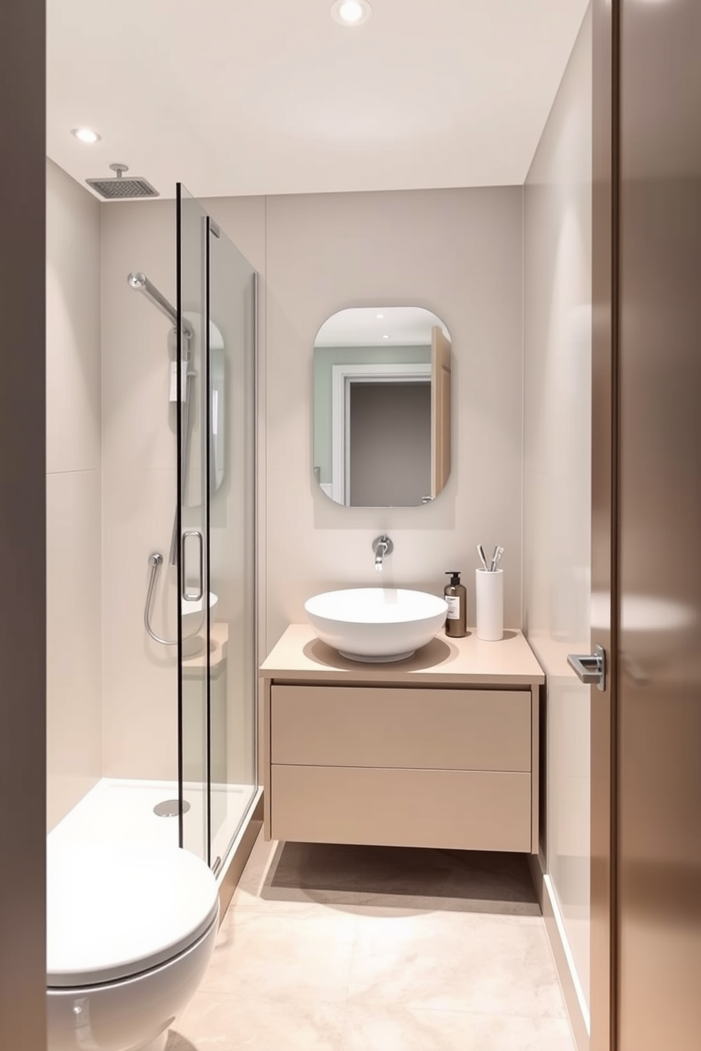 A small bathroom featuring a clever layout that maximizes space. The design includes a corner shower unit with glass doors and a compact toilet, allowing for more room to move. The vanity is a floating style with storage underneath, topped with a sleek vessel sink. Soft, ambient lighting highlights the neutral color palette, creating a serene atmosphere.