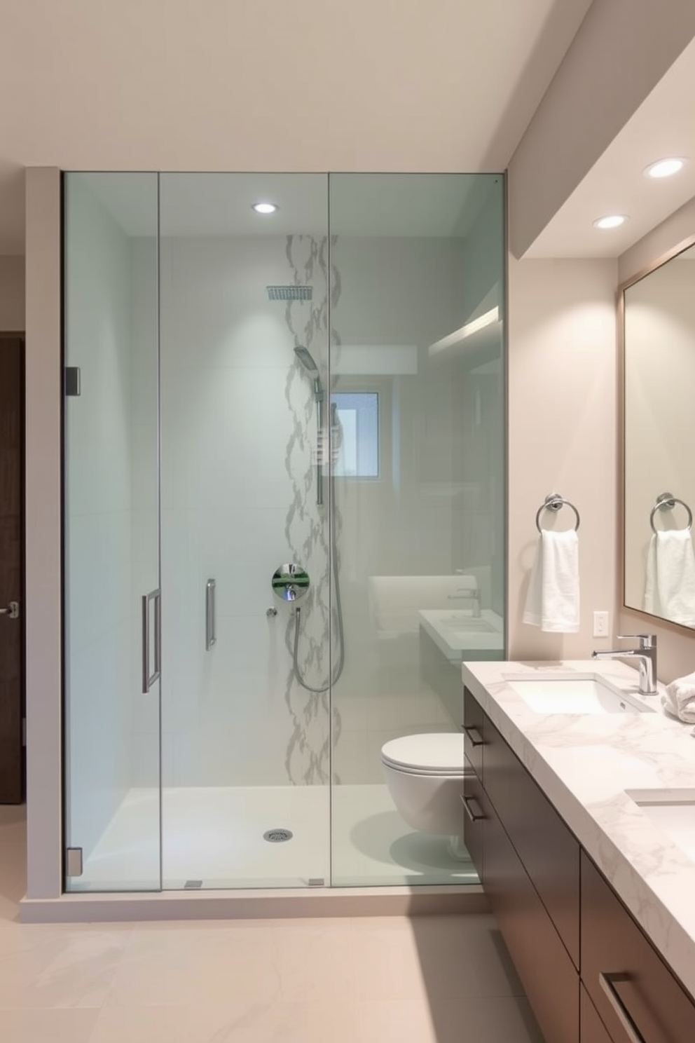 A sleek glass partition separates the modern shower area from the rest of the bathroom, enhancing the open and airy feel of the space. The shower features a rainfall showerhead and elegant tile work, creating a spa-like atmosphere. The split bathroom design incorporates dual vanities with stylish fixtures, allowing for functionality and style. Soft lighting highlights the contemporary design elements, while neutral tones create a calming environment.