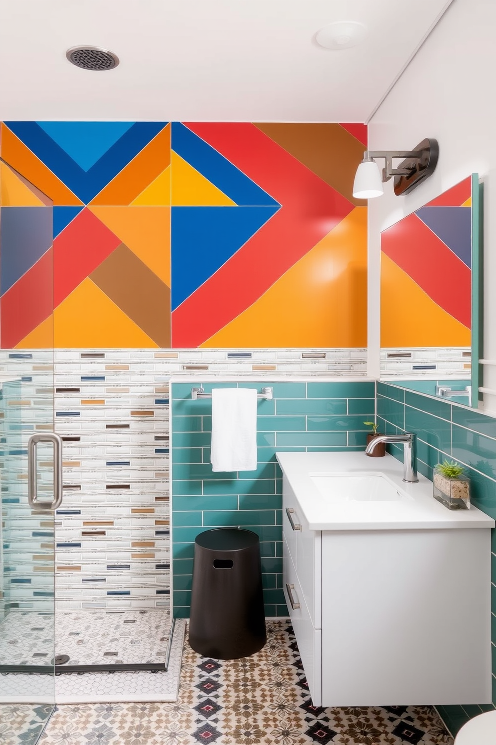 Accent wall with bold tile patterns. The wall features a striking geometric design in vibrant colors, creating a focal point in the room. The split bathroom design incorporates a spacious layout with separate areas for the shower and vanity. Each section is defined with unique tile choices that complement the bold accent wall.