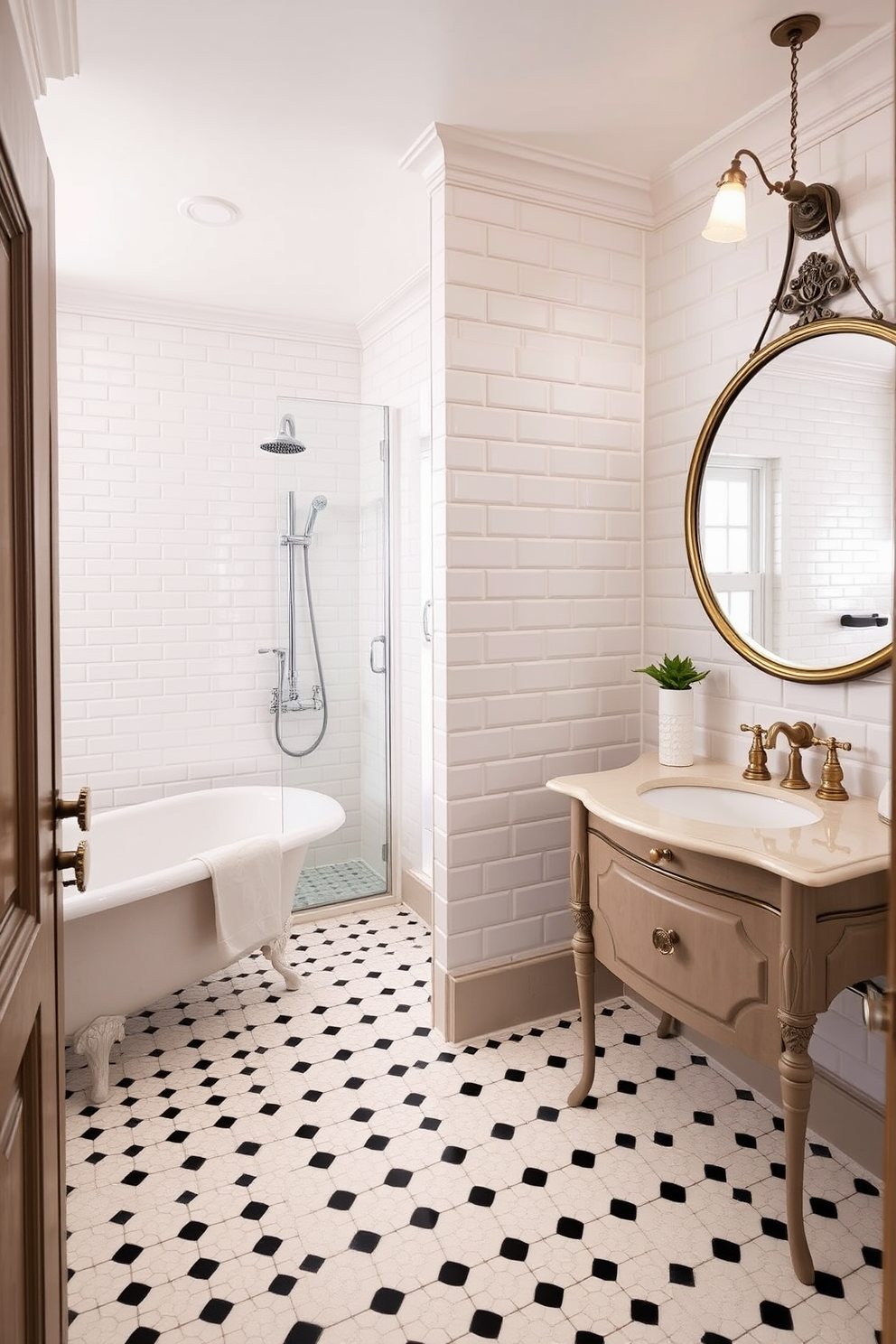 A vintage-inspired bathroom featuring elegant fixtures such as a clawfoot bathtub and a pedestal sink. The walls are adorned with classic white subway tiles and the floor is covered with hexagonal black and white tiles. In the split bathroom design, one side showcases a luxurious shower with glass doors and a rainfall showerhead. The other side features a charming vanity with antique brass hardware and a large round mirror reflecting warm, ambient lighting.