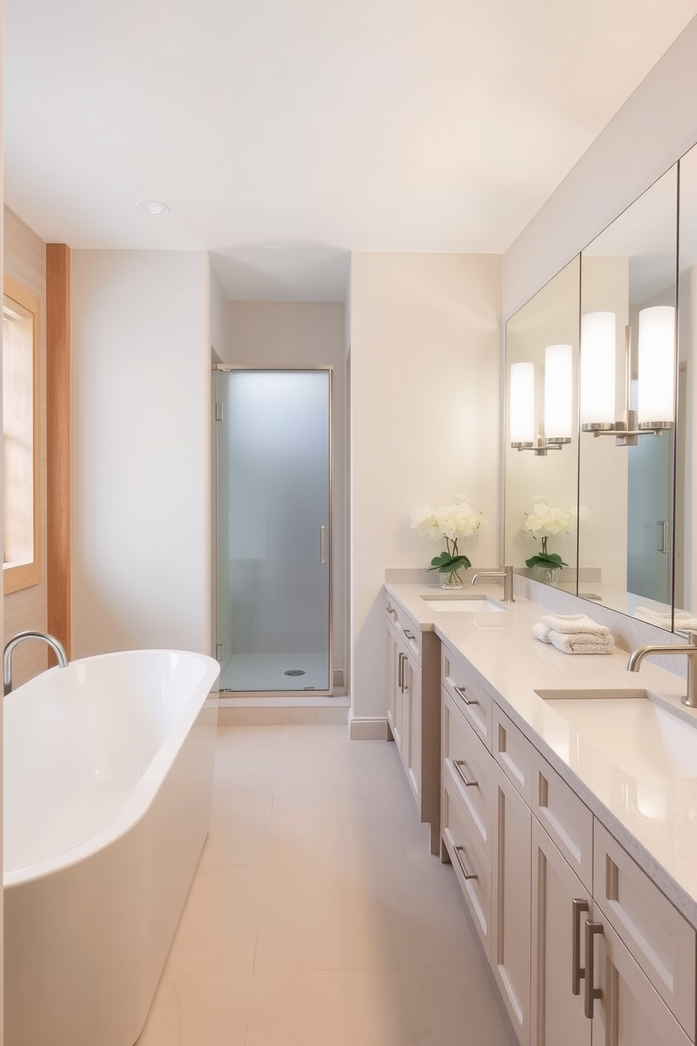 A serene split bathroom design featuring a neutral color palette that promotes a calming atmosphere. The space includes a freestanding soaking tub on one side, surrounded by soft beige walls and natural wood accents. On the opposite side, a sleek double vanity with a light grey countertop and elegant brushed nickel fixtures provides functionality. Large mirrors above the vanity reflect the soft natural light coming in from the frosted glass window.