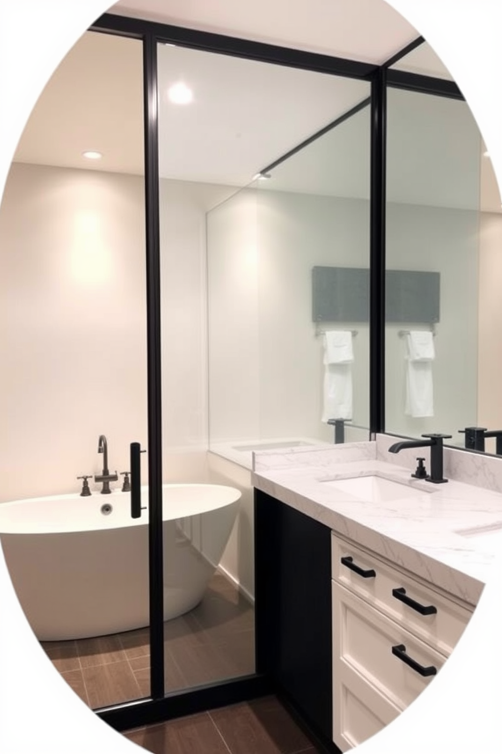 A stylish split bathroom design featuring large mirrors that enhance light reflection. The mirrors are framed in sleek black metal and positioned to maximize brightness in the space. The left side of the bathroom showcases a freestanding bathtub with elegant fixtures, surrounded by soft, ambient lighting. On the right side, a modern double vanity with a white quartz countertop complements the contemporary aesthetic.