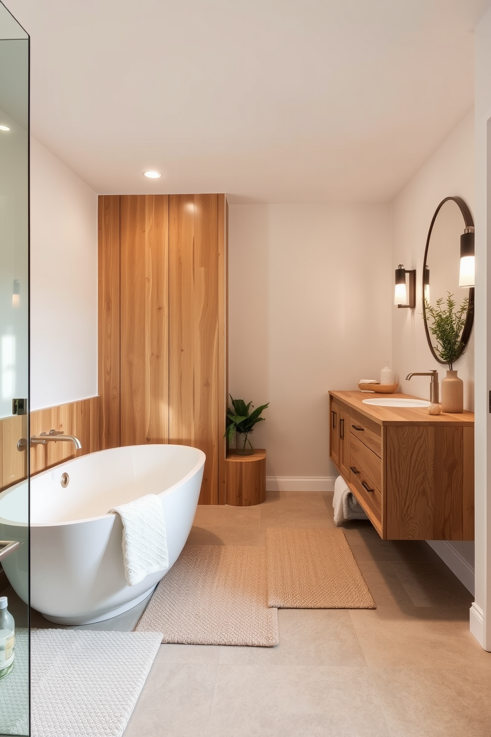 A split bathroom design featuring natural wood accents creates a warm and inviting atmosphere. The space is divided into two distinct areas, one with a freestanding bathtub surrounded by wooden panels and the other with a modern vanity made of reclaimed wood. The walls are adorned with soft neutral tones, enhancing the natural elements in the room. Textured rugs and greenery add a touch of comfort and freshness to the overall aesthetic.