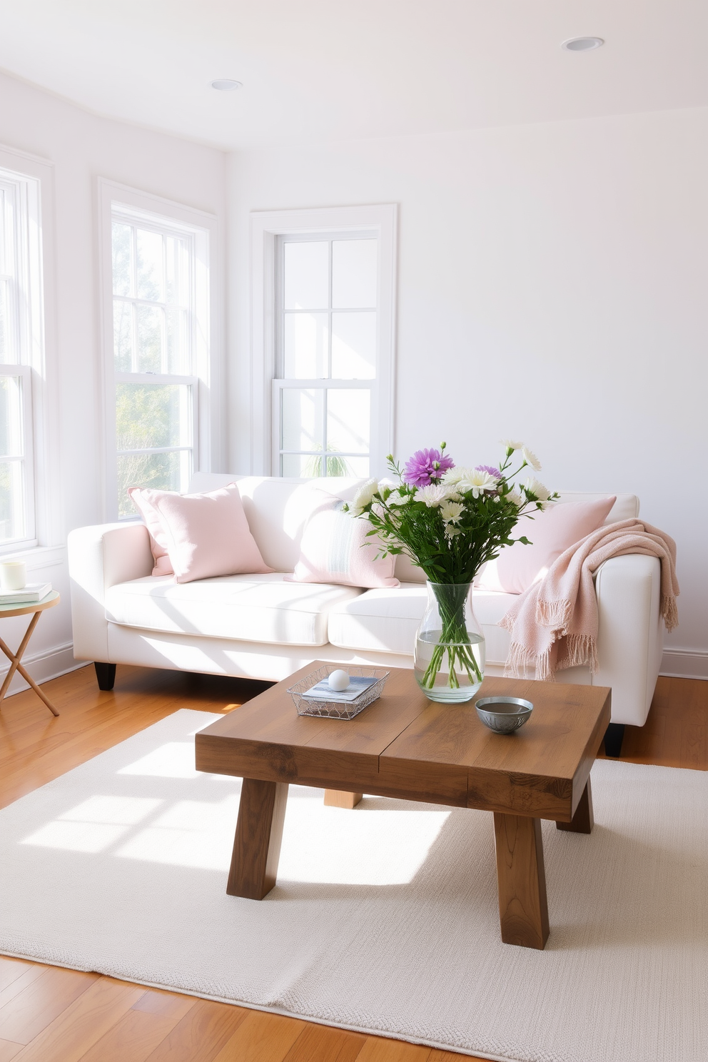 A bright and airy living room filled with natural light. The space features a light-colored sofa adorned with pastel throw pillows and a soft, lightweight blanket draped over the arm. Fresh flowers in a vase sit on a coffee table made of reclaimed wood. The walls are painted in a soft white, and a light area rug adds warmth to the hardwood floor.