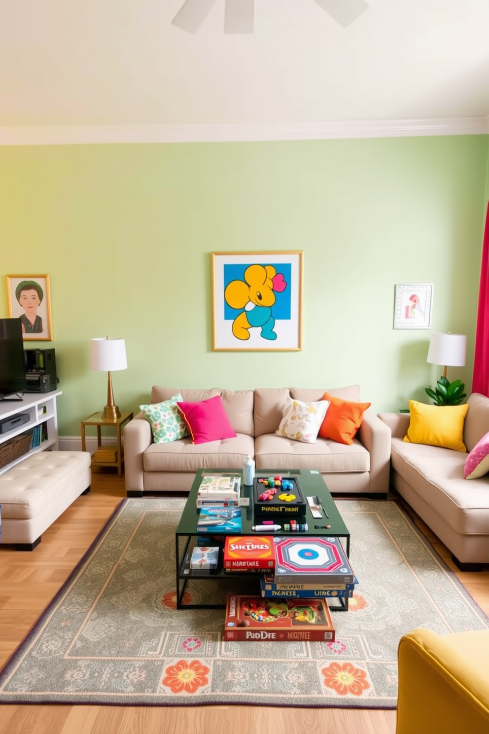 Bright pastel wall colors create a refreshing and inviting atmosphere in a game room. The walls are painted in soft shades of mint green and pale yellow, complemented by playful artwork and vibrant accents. The room features a comfortable sectional sofa adorned with colorful throw pillows for added comfort. A sleek coffee table sits in the center, surrounded by a variety of board games and a stylish rug that ties the space together.